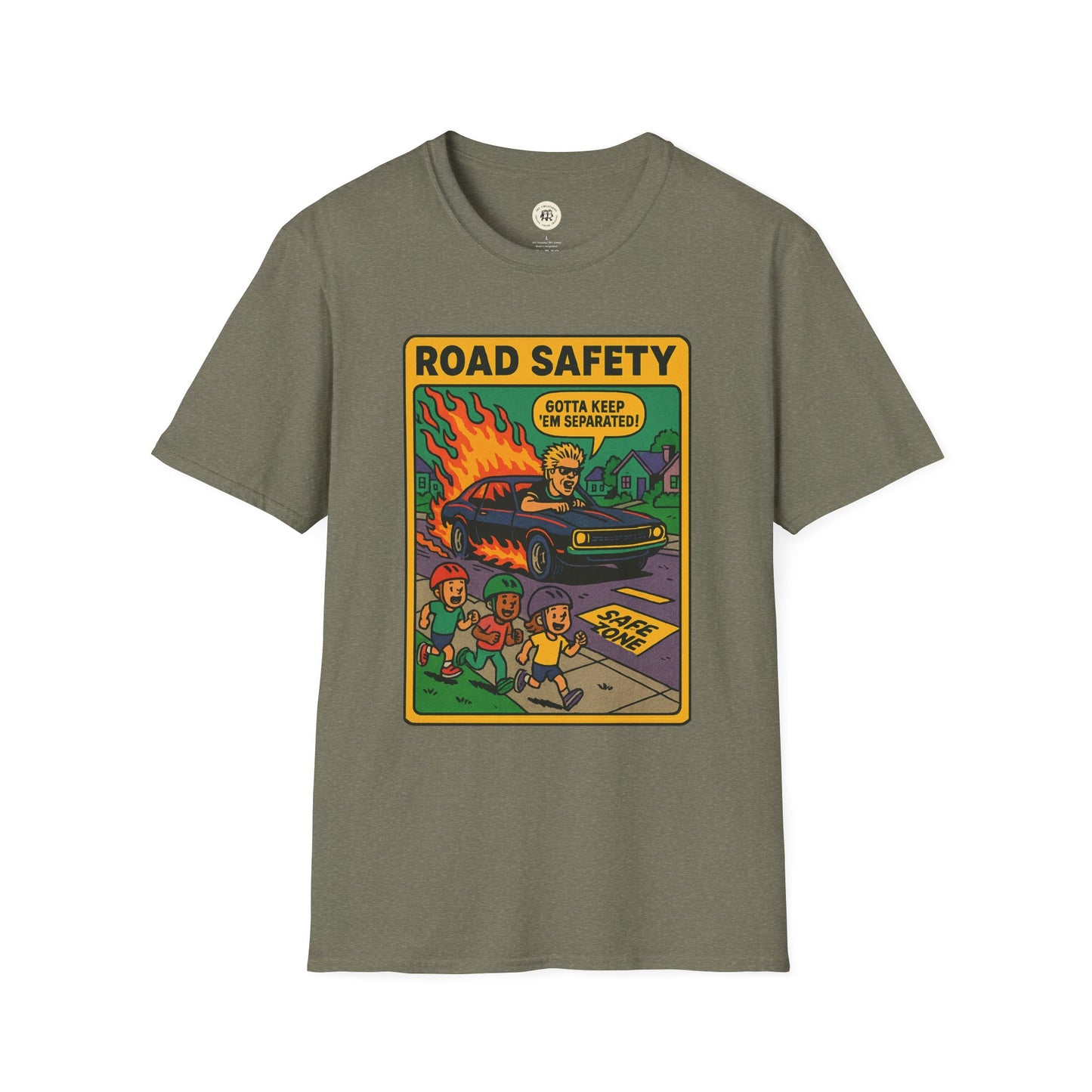 Printify offspring retro safety shirt with vintage road safety cartoon design on olive green t-shirt