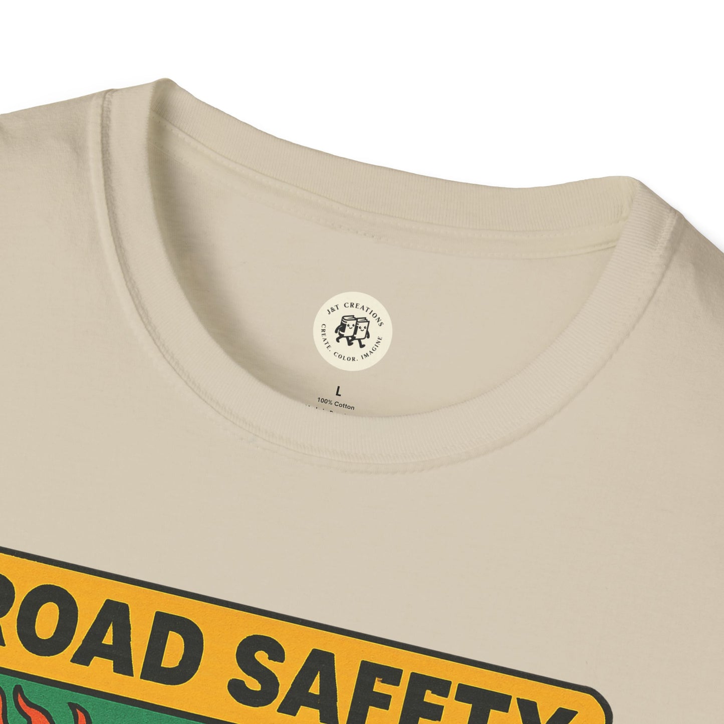 Printify offspring retro safety shirt beige t-shirt with road safety graphic print close-up