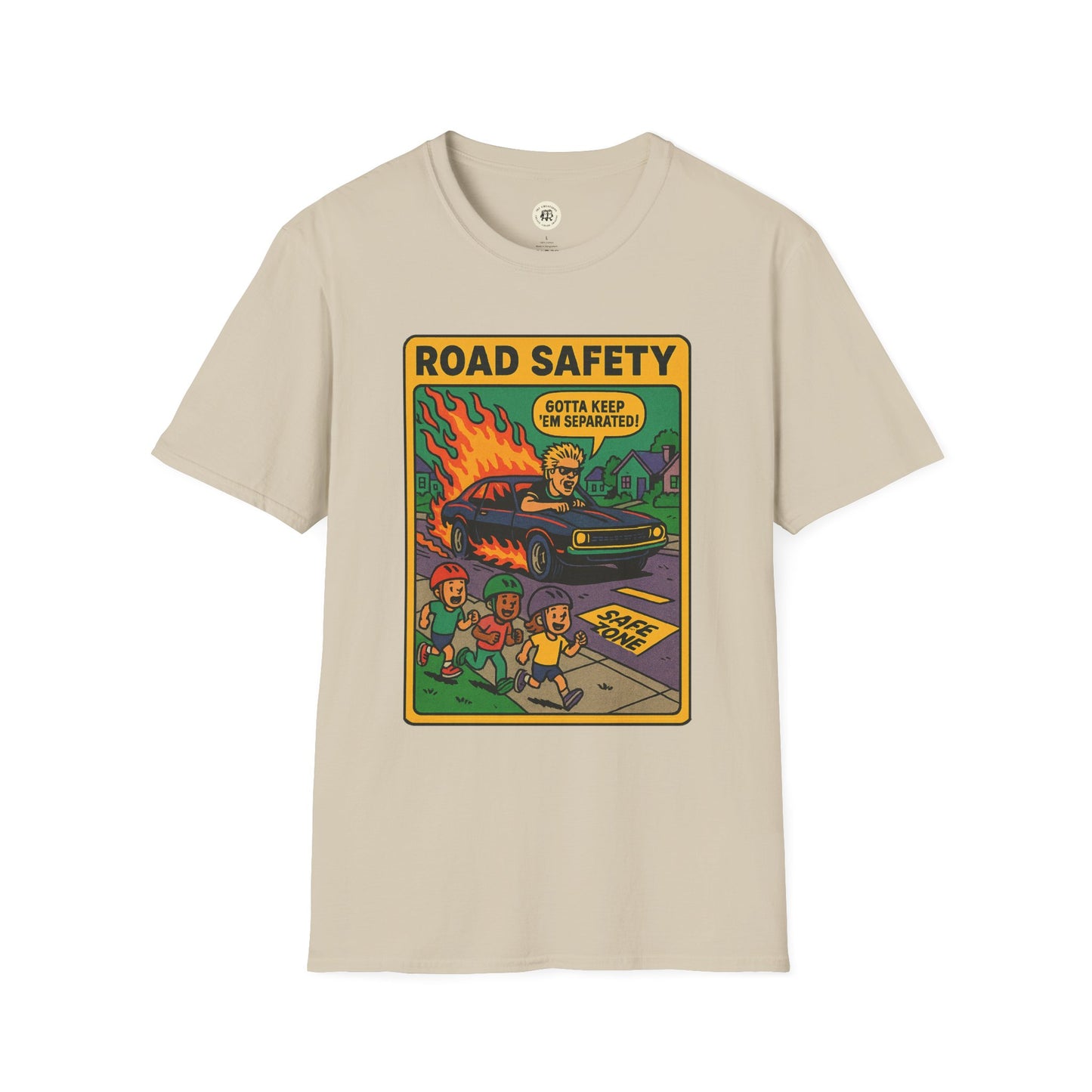 Printify offspring retro safety shirt beige with vintage road safety graphic and cartoon characters