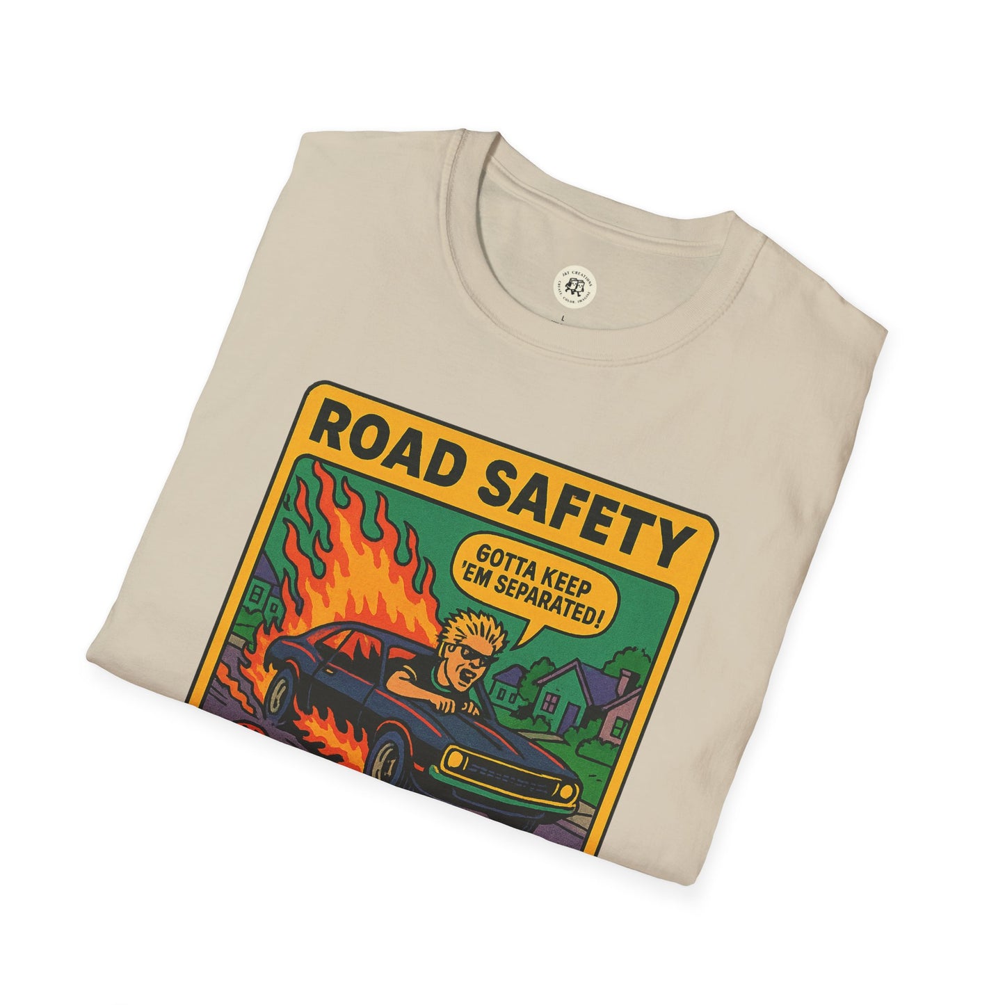 Offspring retro safety shirt featuring vintage cartoon car on fire graphic with road safety text
