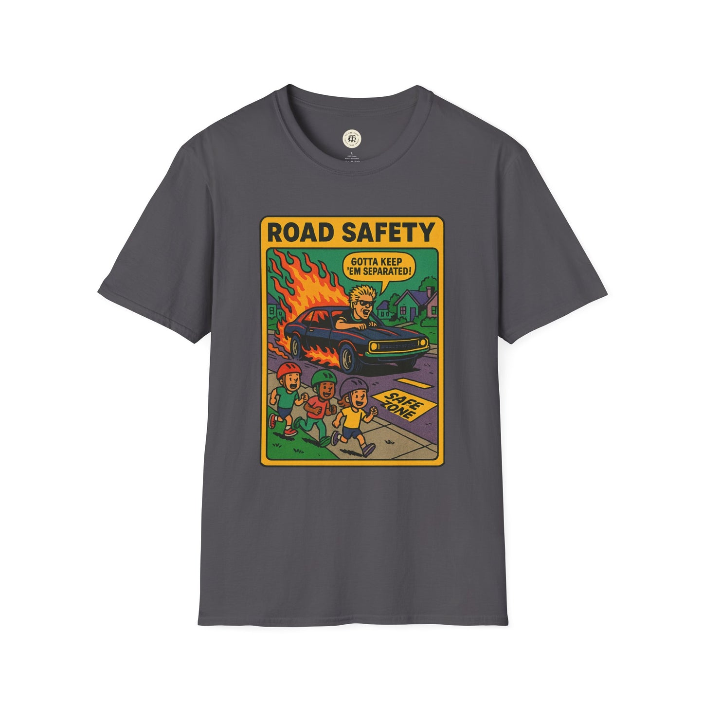 Offspring retro safety shirt featuring a vintage road safety cartoon print on dark gray T-shirt