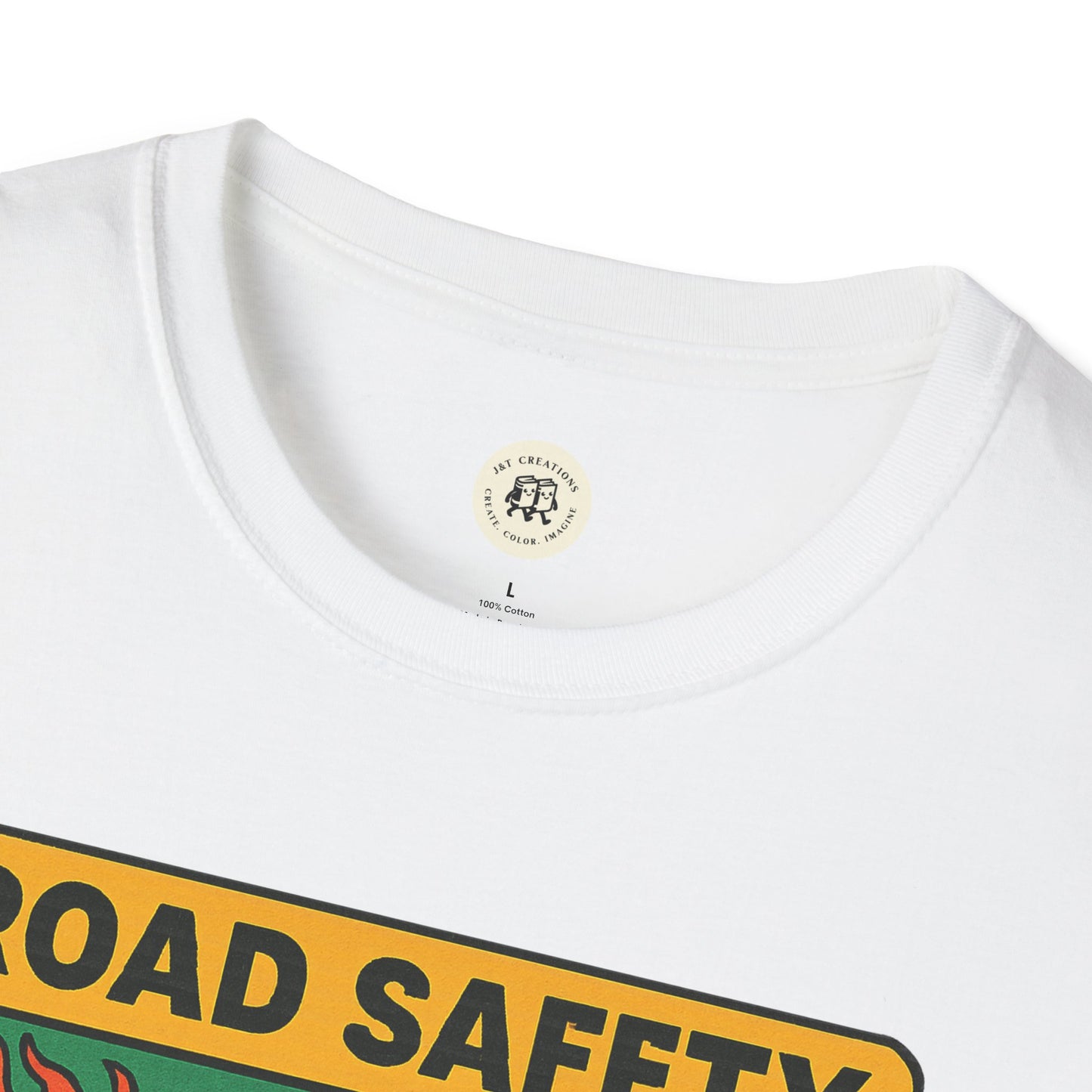 White Printify offspring retro safety shirt with round neckline and colorful road safety design