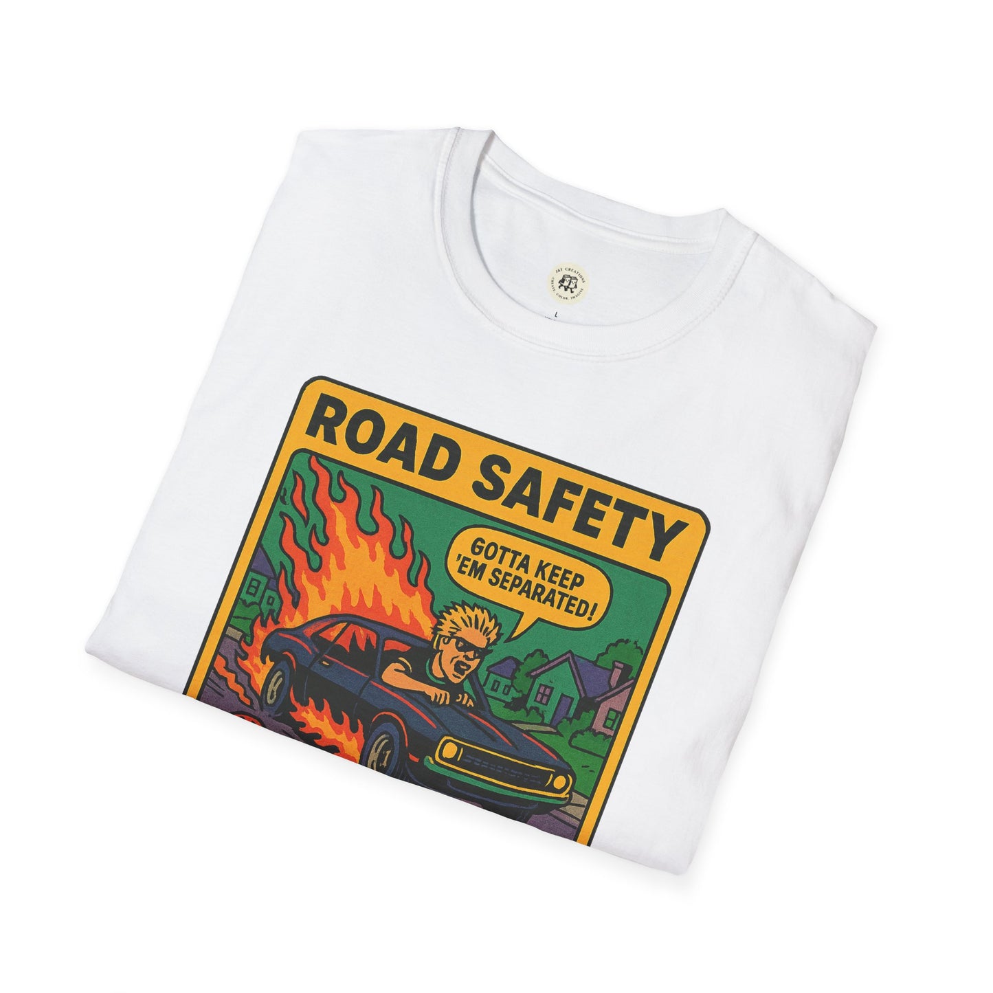 White folded offspring retro safety shirt with vintage road safety cartoon print by Printify