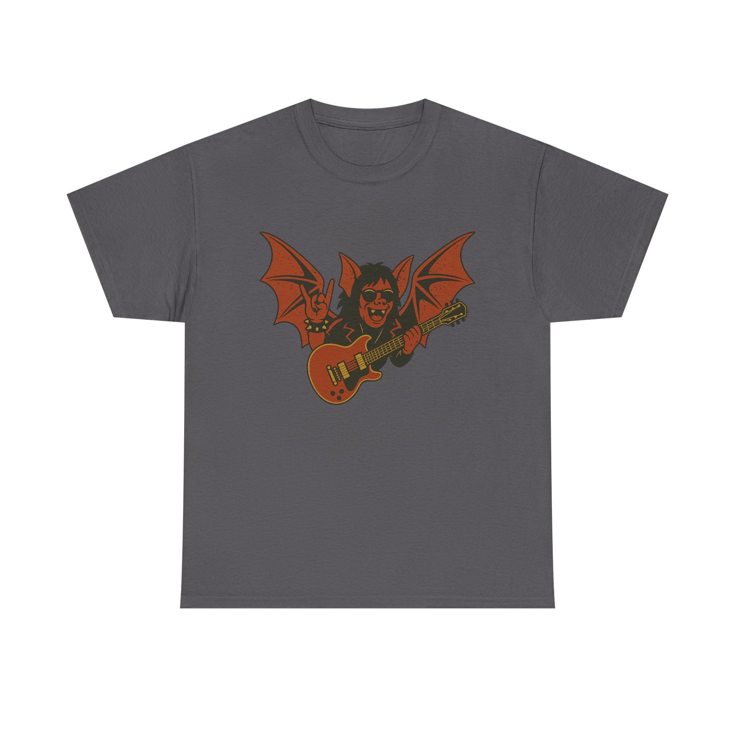 Printify gray Ozzy Osbourne bat guitar t-shirt with orange bat wings and guitar graphic