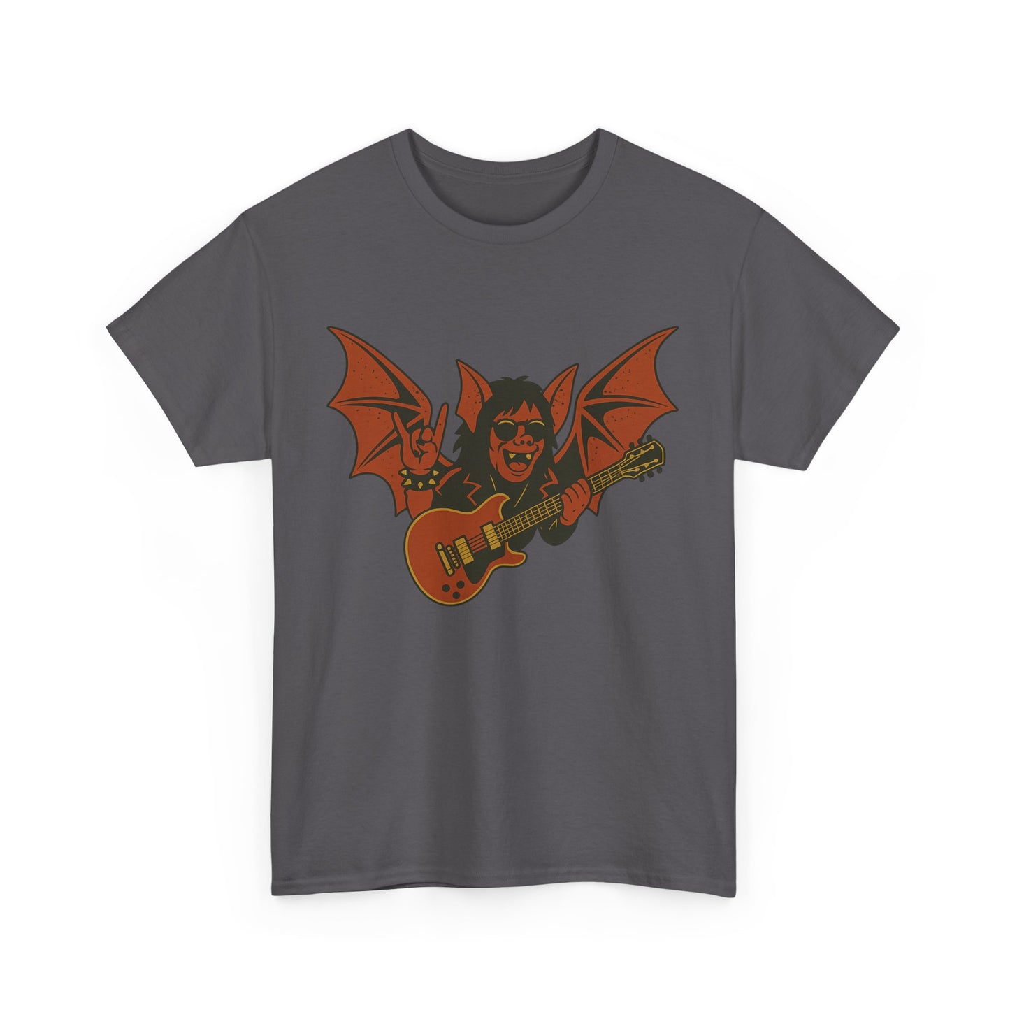 Printify gray t-shirt featuring Ozzy Osbourne bat guitar t-shirt graphic with orange bat playing guitar