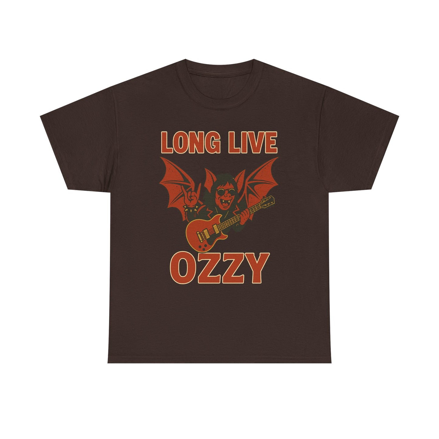 Printify brown Ozzy Osbourne bat guitar t-shirt with Long Live Ozzy graphic design