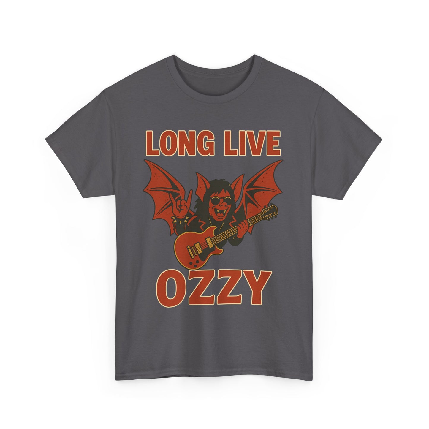 Gray Ozzy Osbourne bat guitar t-shirt featuring cartoon Ozzy with wings and guitar saying Long Live Ozzy