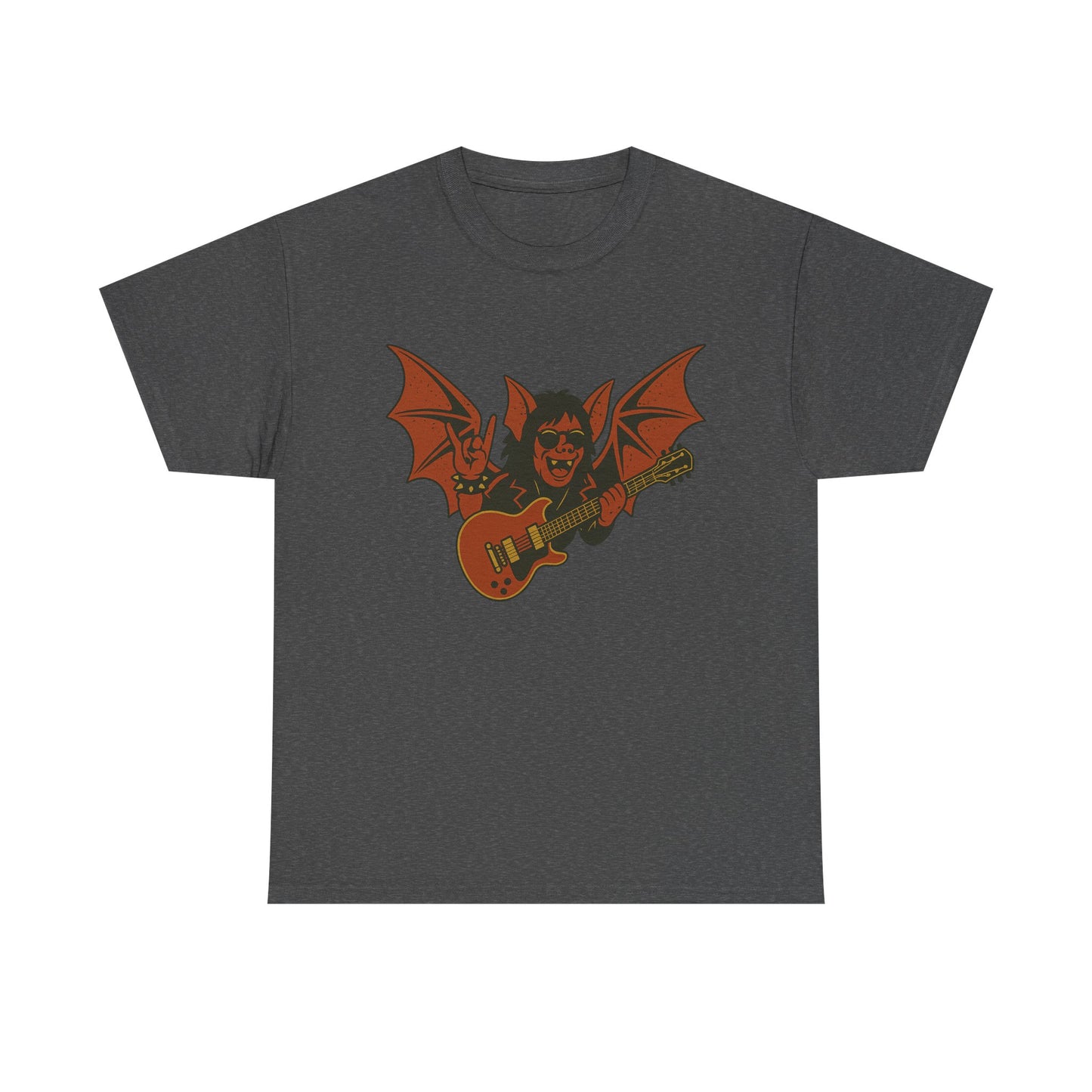 Dark gray Printify t-shirt featuring Ozzy Osbourne bat guitar t-shirt graphic with wings and guitar