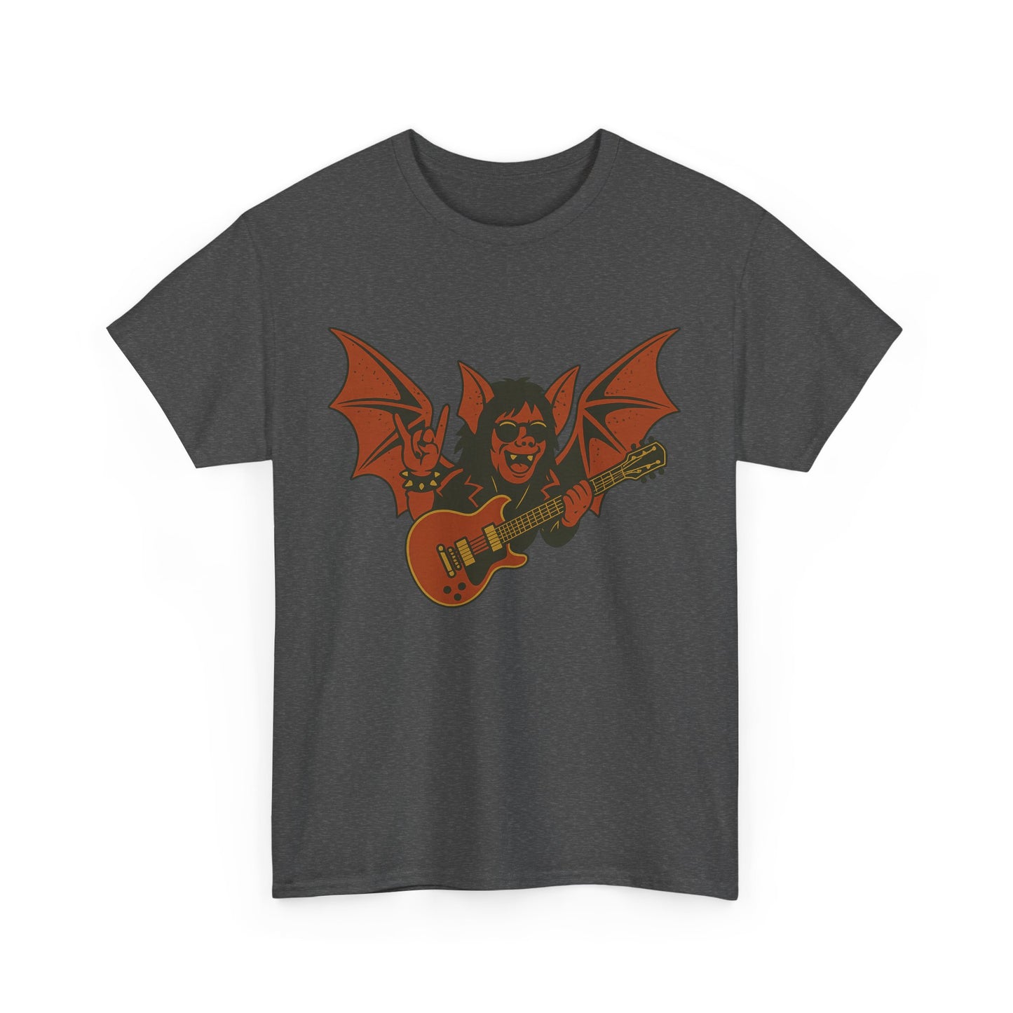 Dark gray Ozzy Osbourne bat guitar t-shirt with cartoon bat playing electric guitar graphic