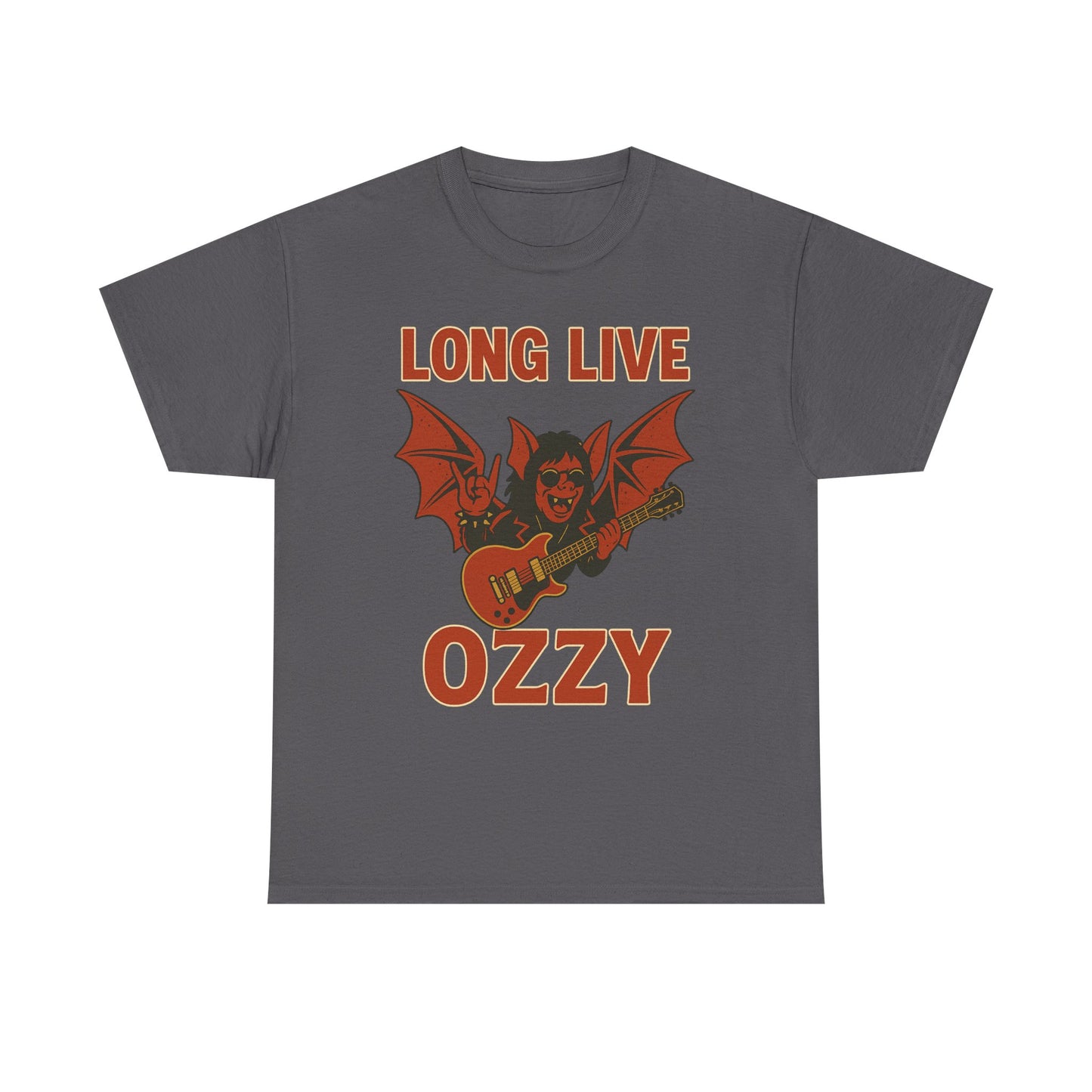 Gray Printify Ozzy Osbourne bat guitar t-shirt with orange graphic and Long Live Ozzy text
