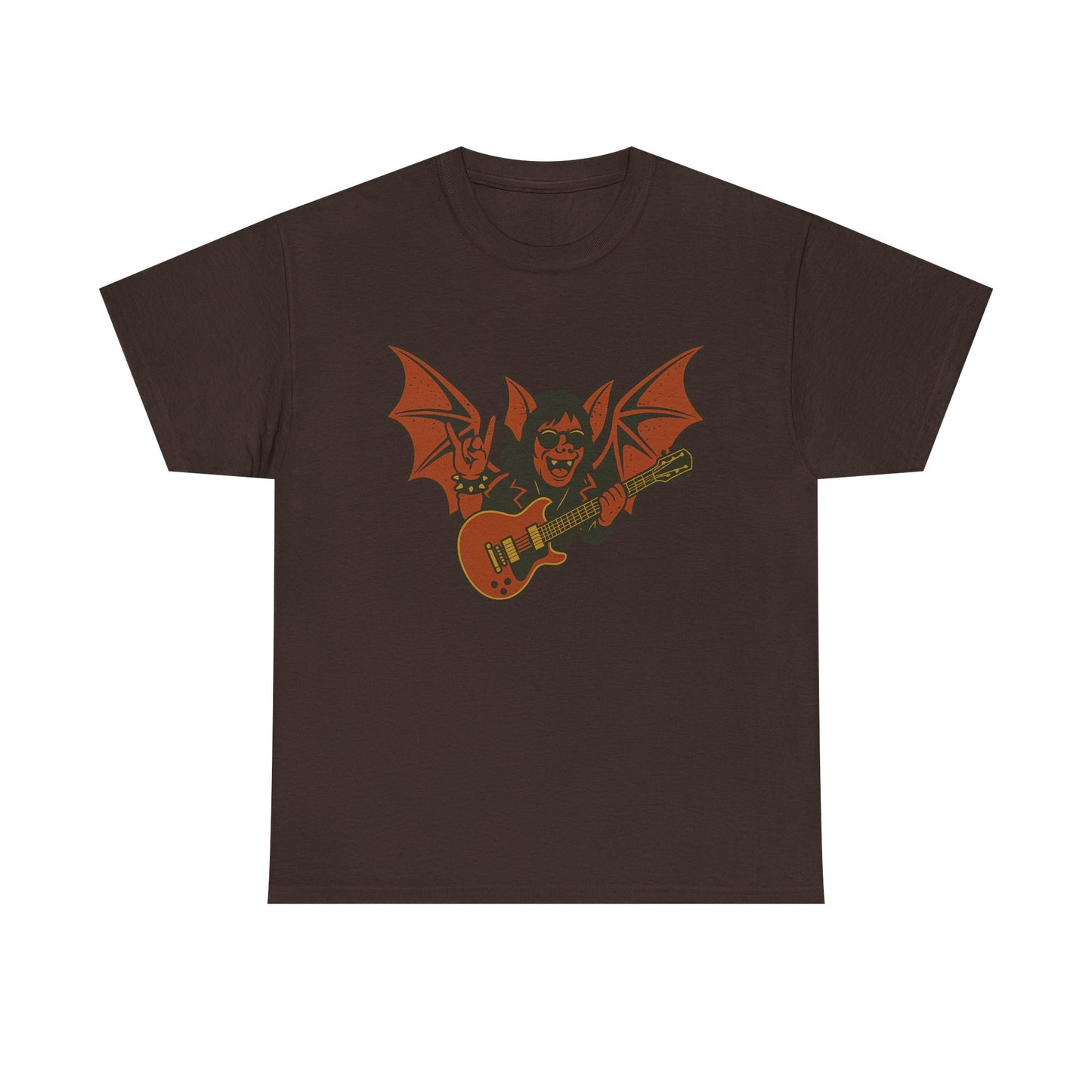 Printify black t-shirt with Ozzy Osbourne bat guitar t-shirt design featuring bat wings and electric guitar