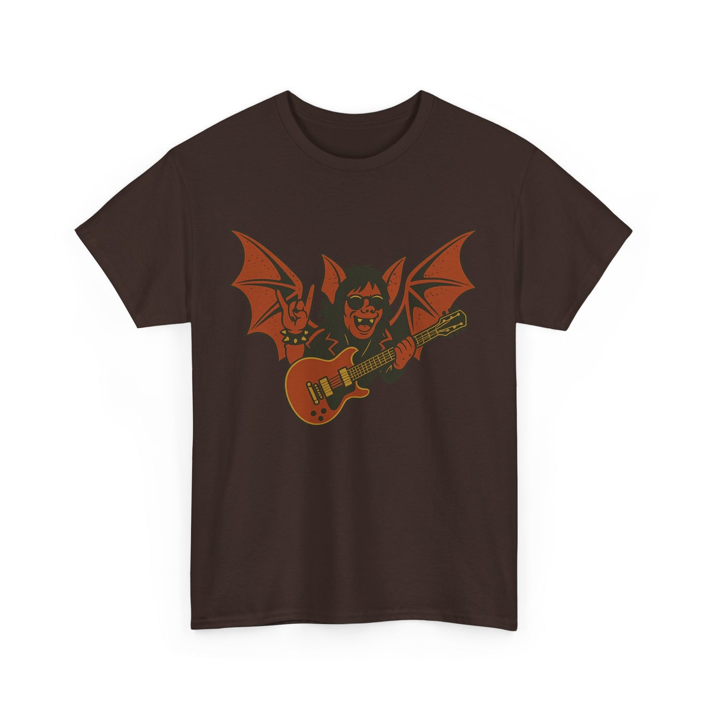 Printify Ozzy Osbourne bat guitar t-shirt in dark brown with orange bat graphic playing guitar