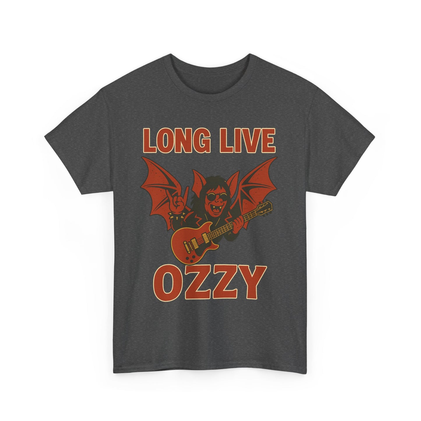 Ozzy Osbourne bat guitar t-shirt in dark gray with Long Live Ozzy red graphic design