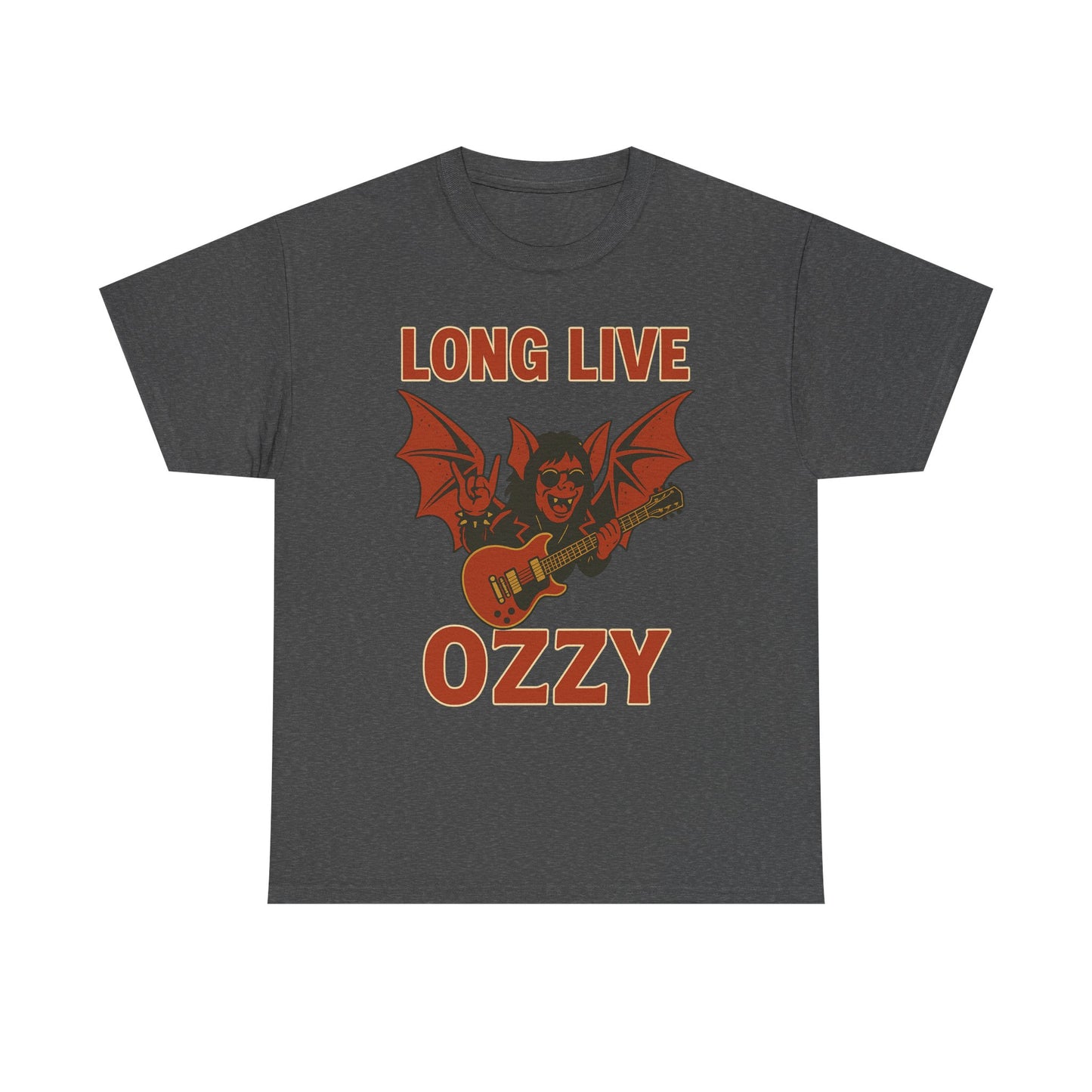 Ozzy Osbourne bat guitar t-shirt in dark gray with red graphic and text Long Live Ozzy