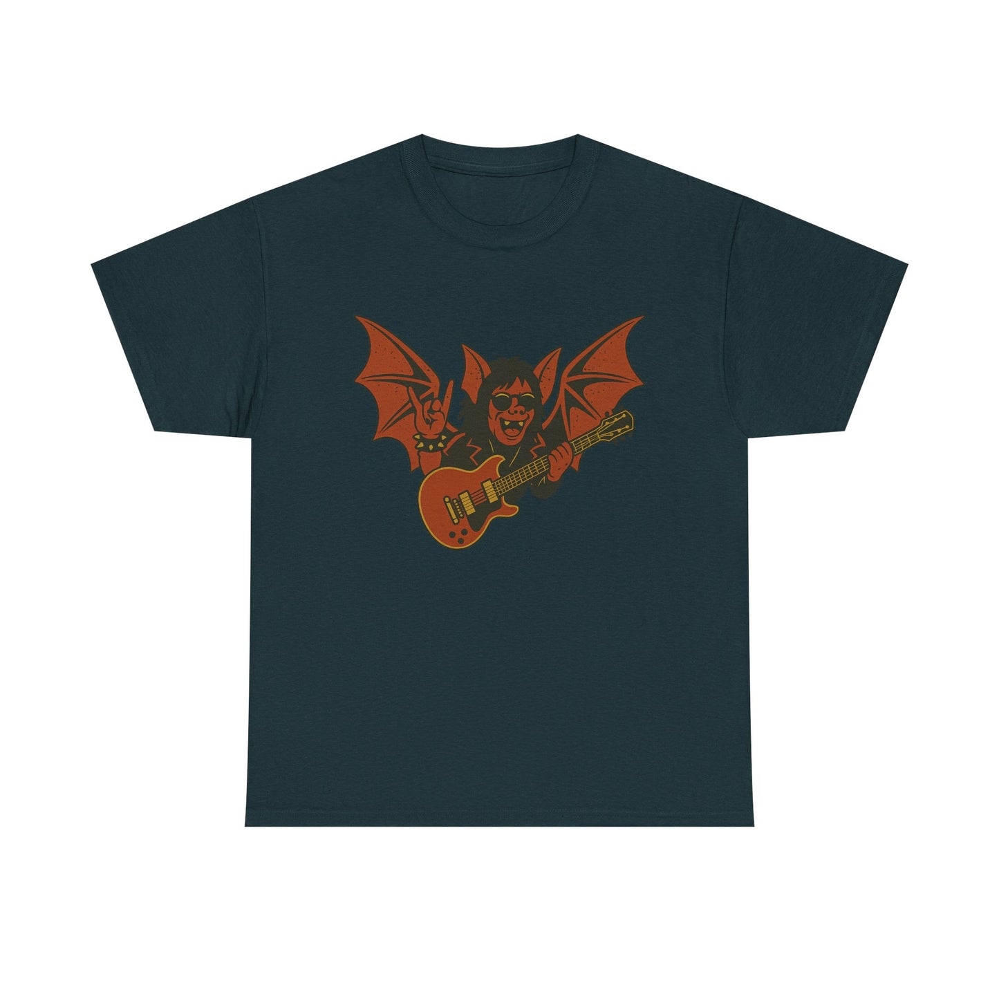 Black Printify t-shirt with orange Ozzy Osbourne bat guitar t-shirt graphic design on front