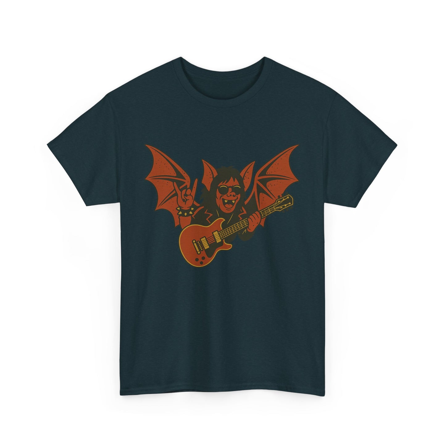 Black Ozzy Osbourne bat guitar t-shirt featuring cartoon bat with guitar design by Printify