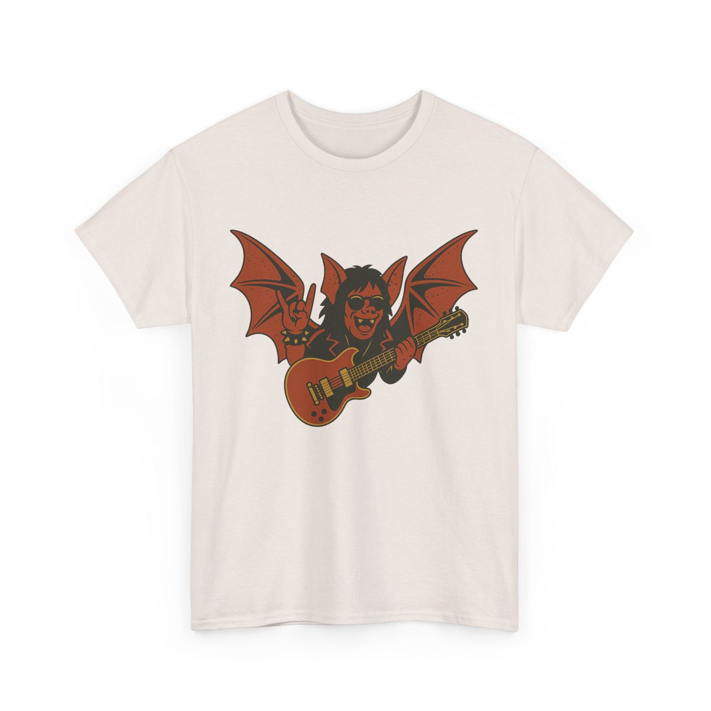 White Printify t-shirt with Ozzy Osbourne bat guitar t-shirt graphic on front