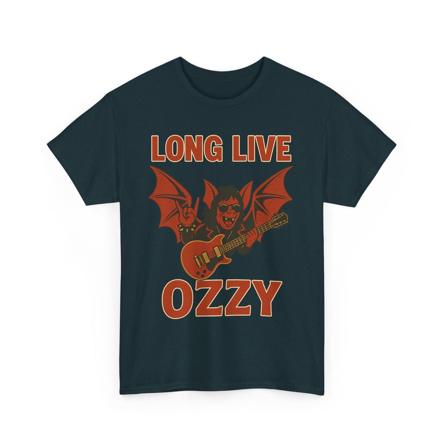 Black Ozzy Osbourne bat guitar t-shirt with long live Ozzy graphic print by Printify