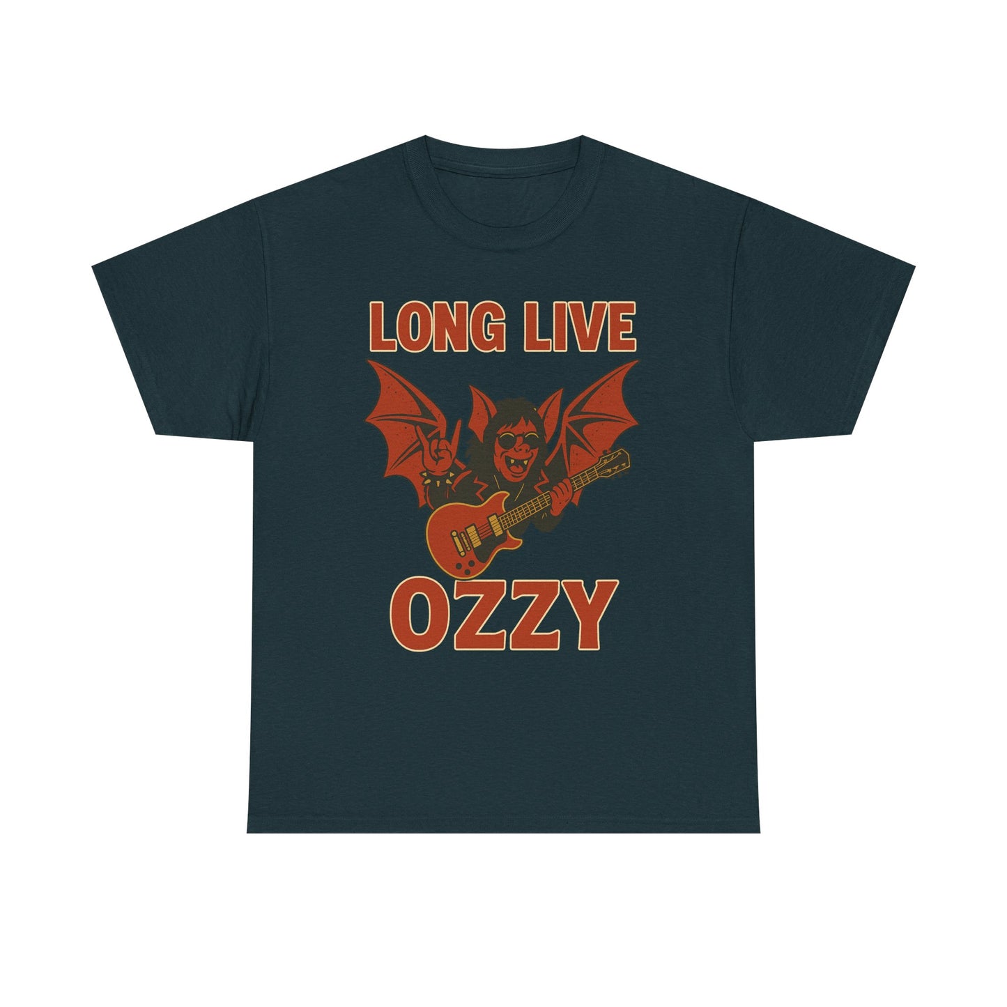 Printify Ozzy Osbourne bat guitar t-shirt with long live Ozzy graphic on black tee