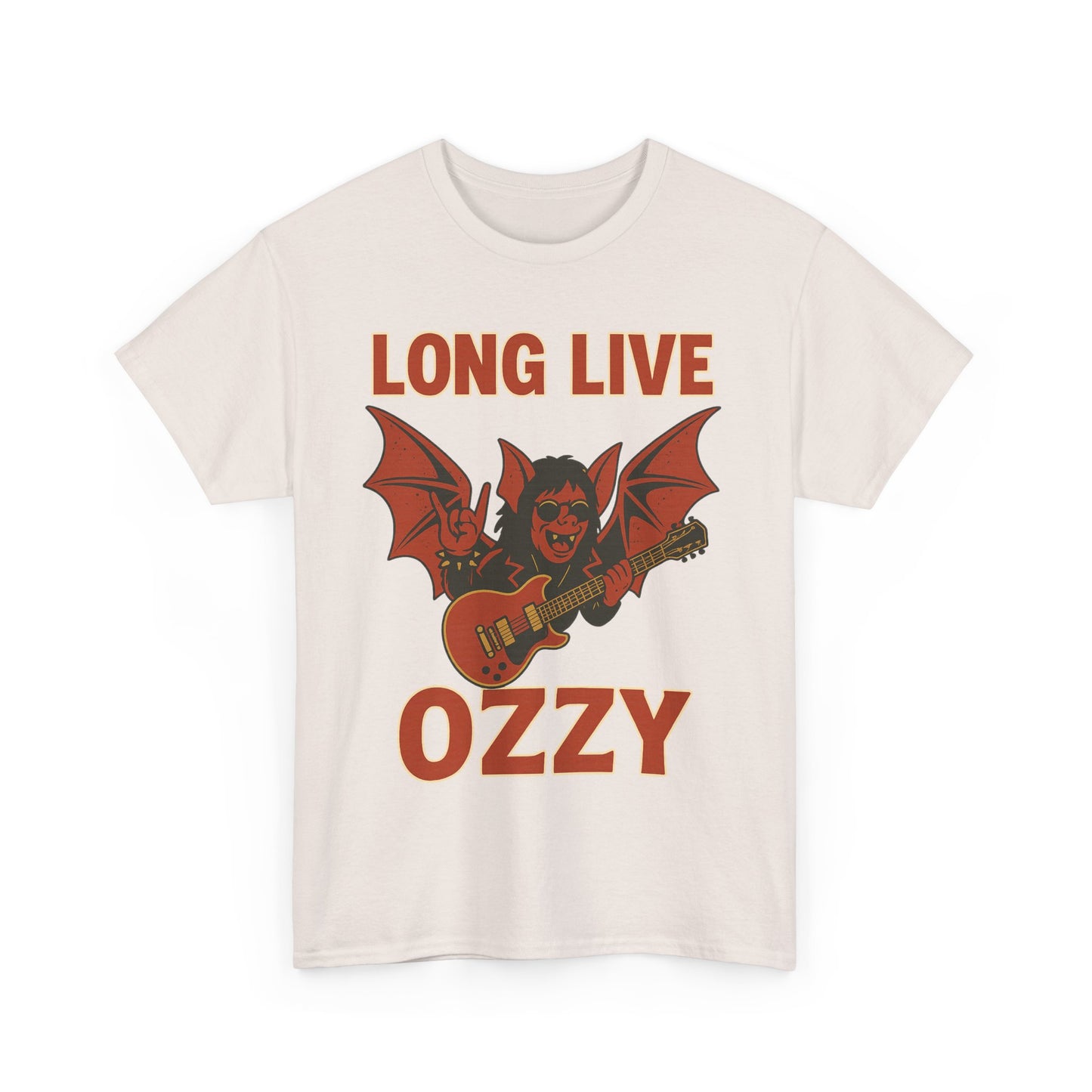 White Printify t-shirt featuring Ozzy Osbourne bat guitar t-shirt design with wings and text Long Live Ozzy