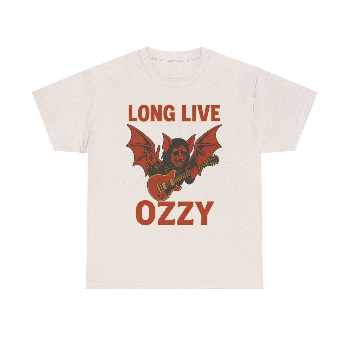 Printify white Ozzy Osbourne bat guitar t-shirt with red graphic and Long Live Ozzy text