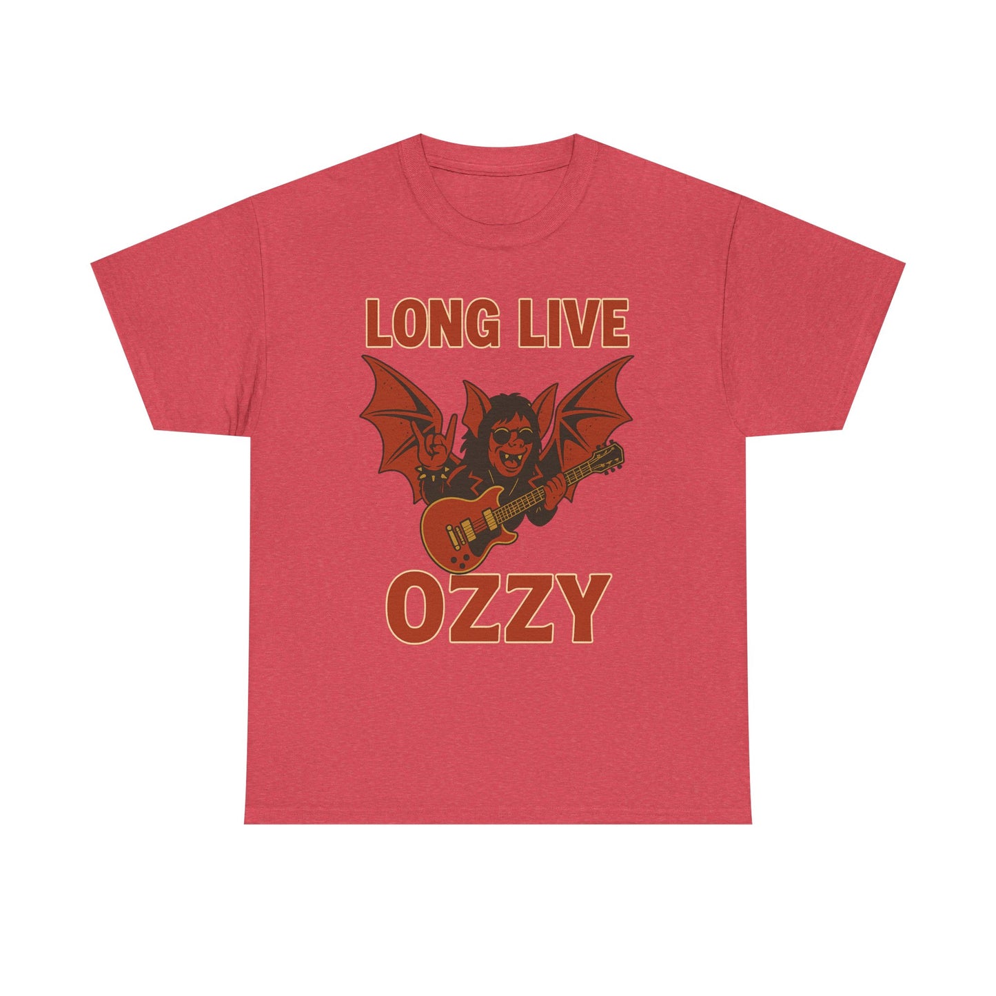 Red Printify t-shirt featuring Ozzy Osbourne bat guitar t-shirt design with Long Live Ozzy text