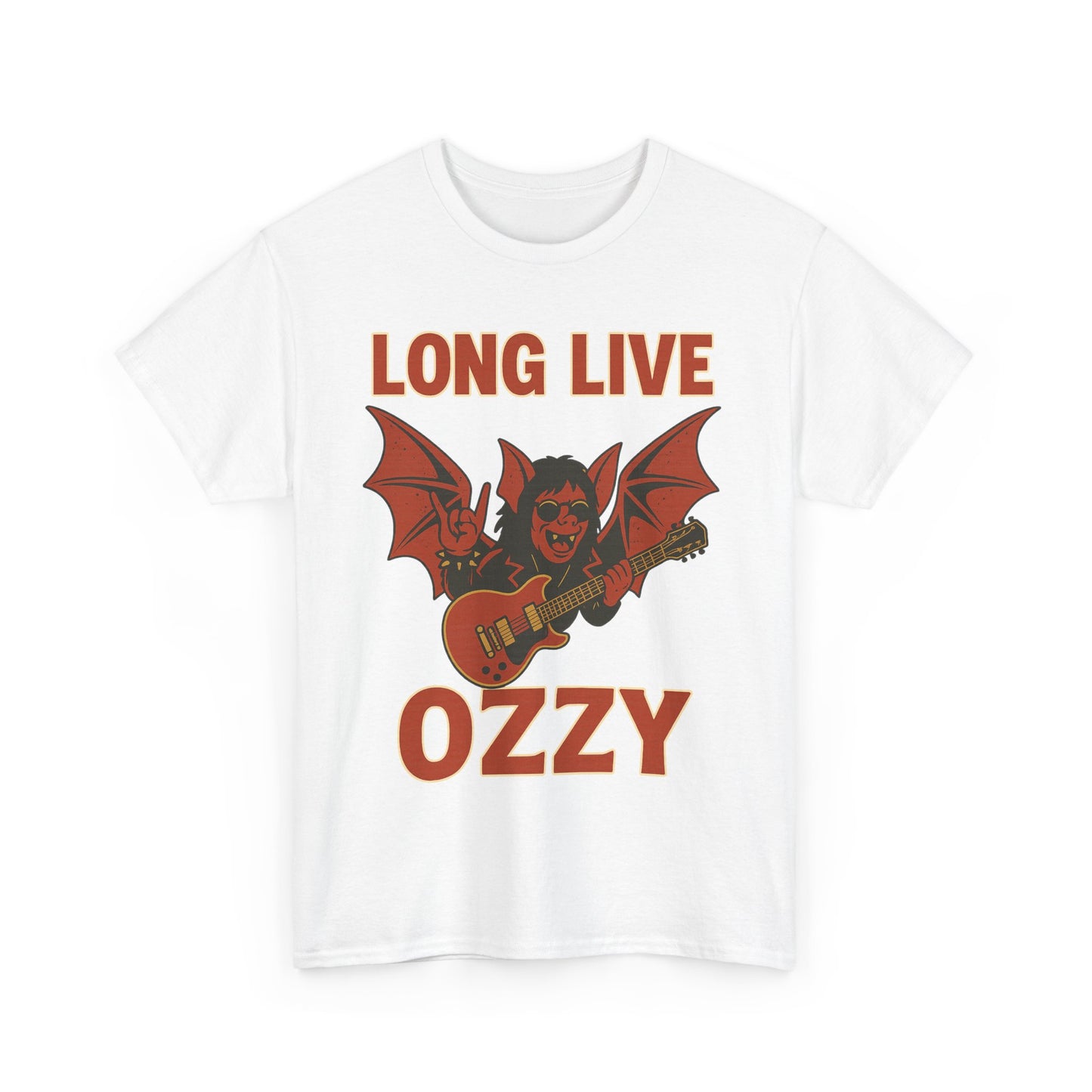 White Ozzy Osbourne bat guitar t-shirt with red wings graphic and Long Live Ozzy text