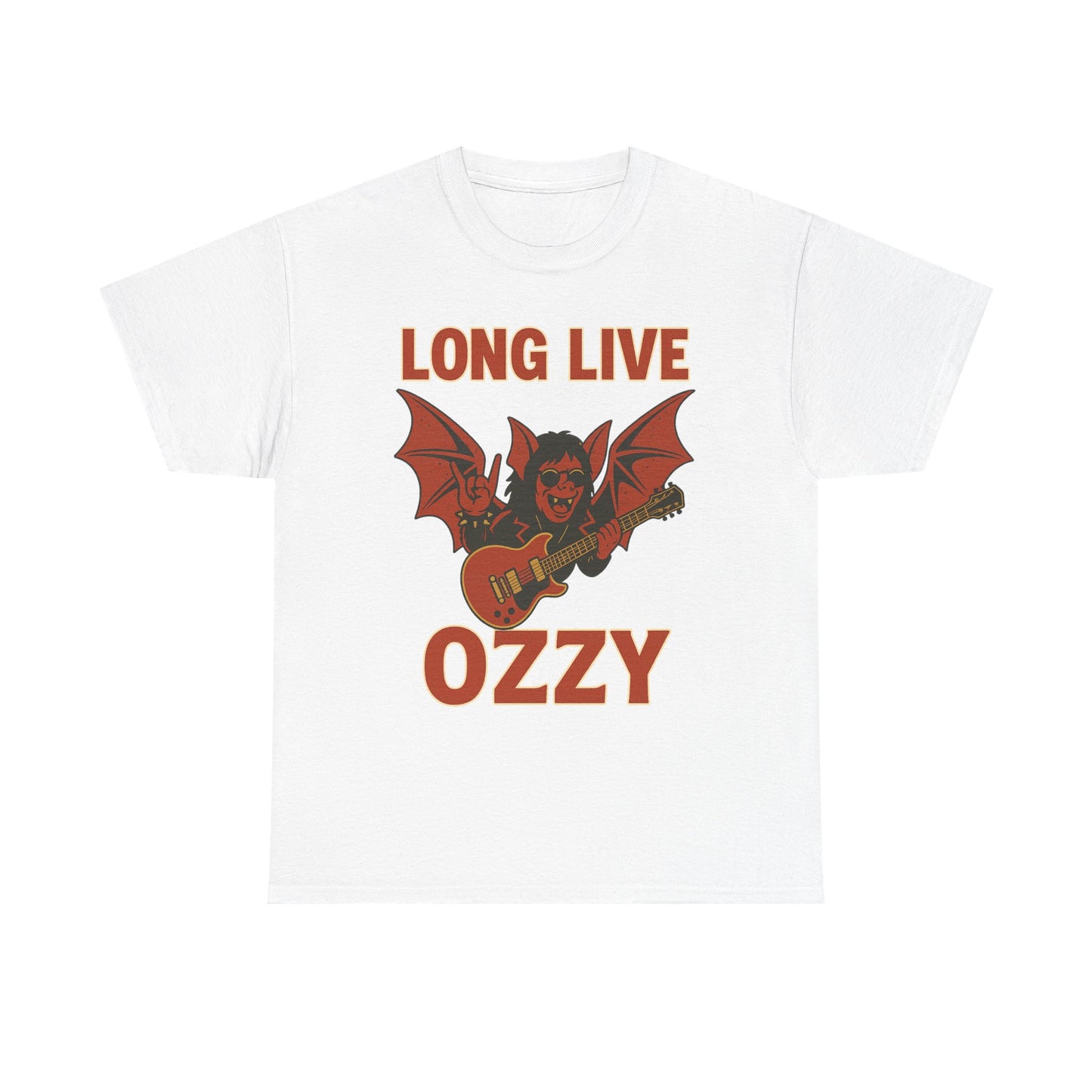 White Ozzy Osbourne bat guitar t-shirt with red graphic and Long Live Ozzy text from Printify