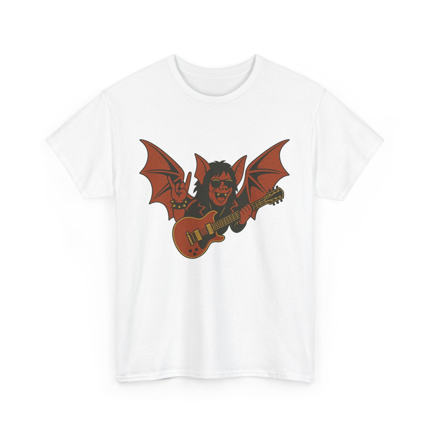 White Printify t-shirt featuring an Ozzy Osbourne bat guitar t-shirt design with a cartoon bat playing guitar