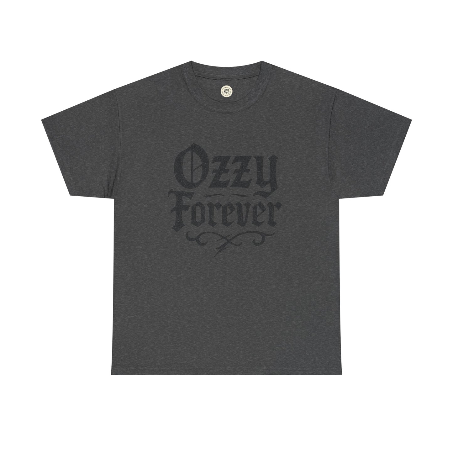Printify Ozzy Osbourne tribute shirt in charcoal gray with Ozzy Forever gothic text design