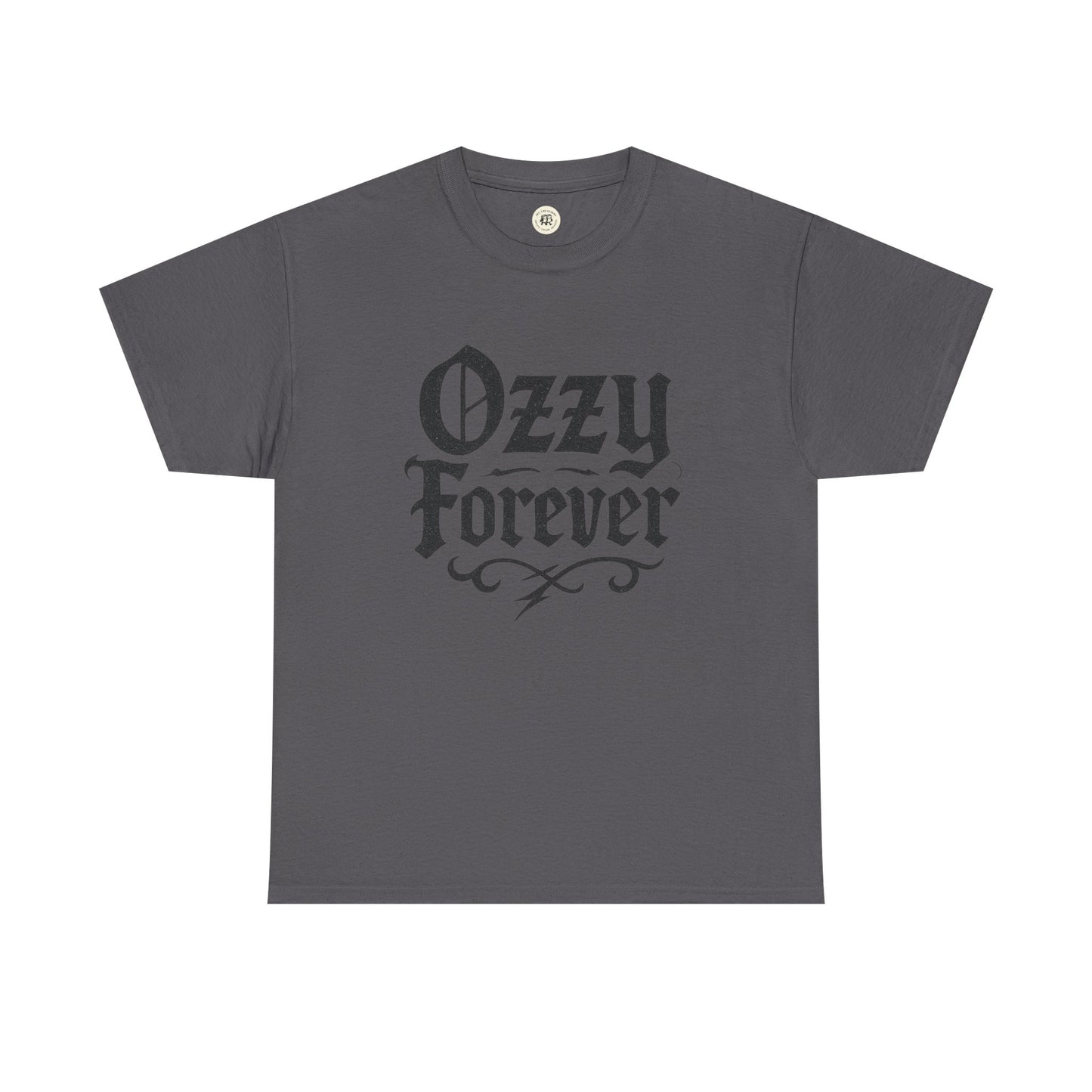 Gray Printify Ozzy Osbourne tribute shirt with Ozzy Forever Gothic text design