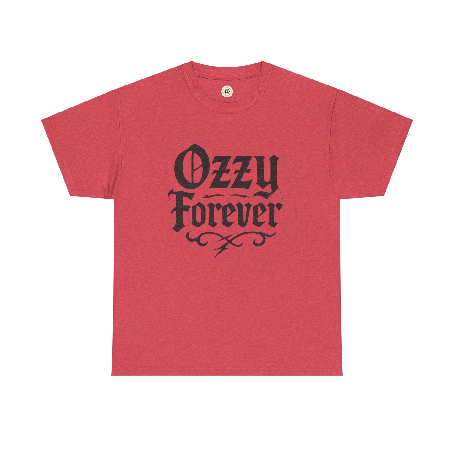 Red Printify T-shirt with black Ozzy Forever text design Ozzy Osbourne tribute shirt