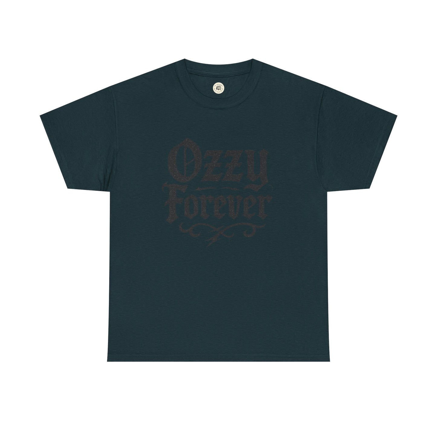 Black Printify t-shirt with Ozzy Forever graphic design Ozzy Osbourne tribute shirt