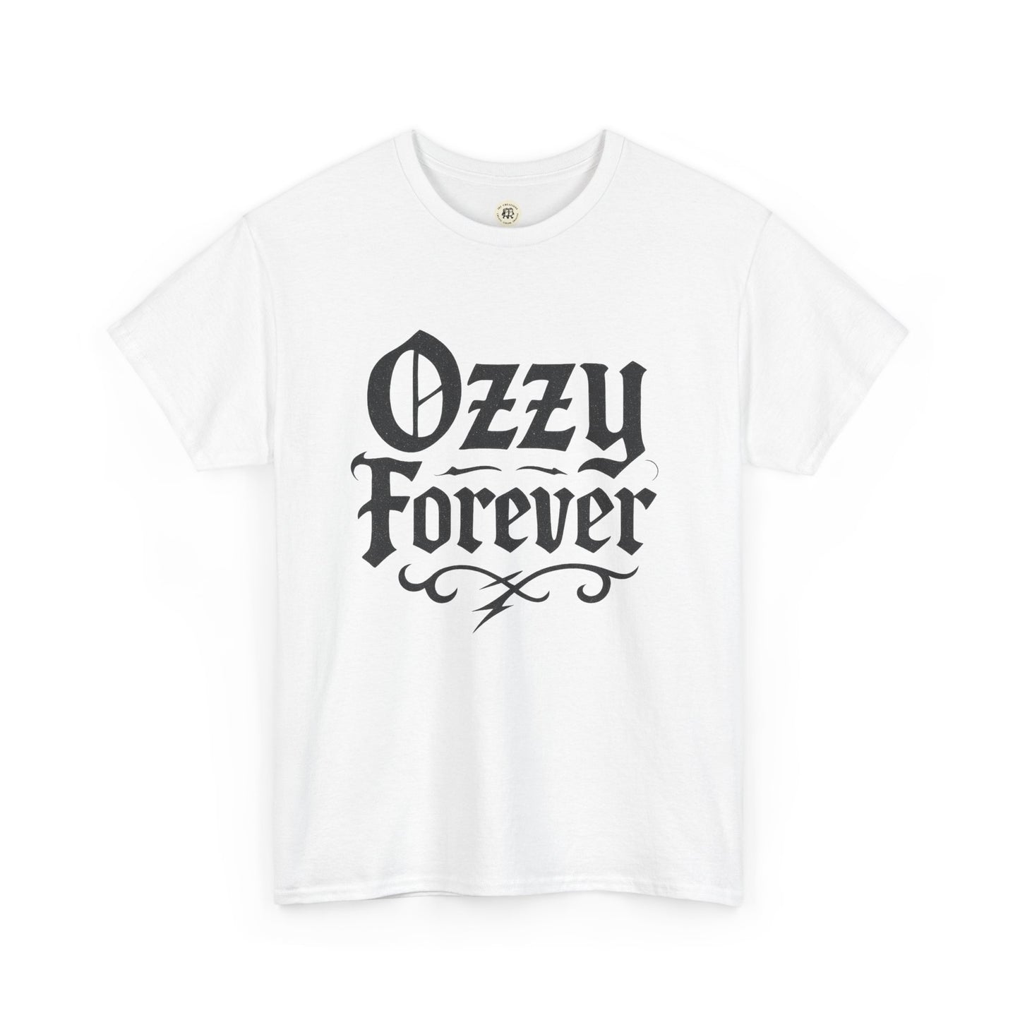 White Ozzy Osbourne tribute shirt with black gothic-style Ozzy Forever text by Printify