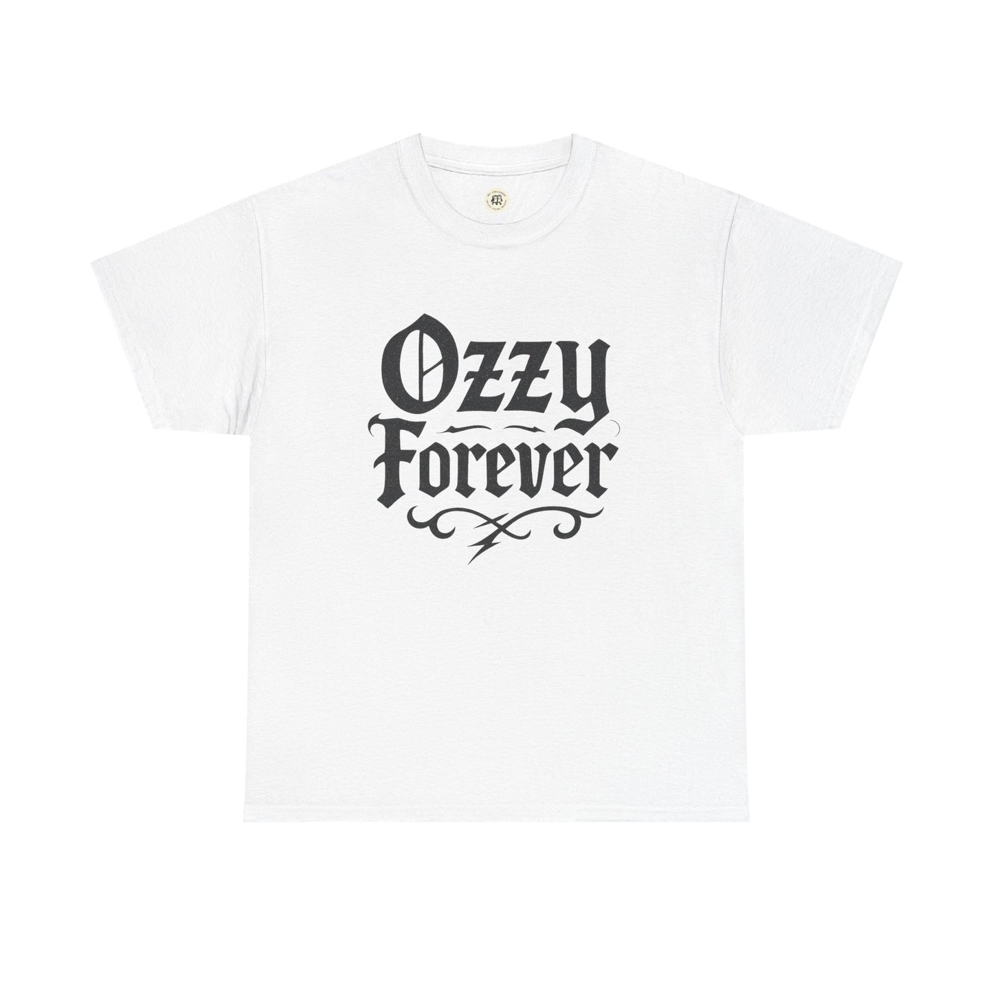 White Printify T-Shirt with Ozzy Forever black gothic text Ozzy Osbourne tribute shirt