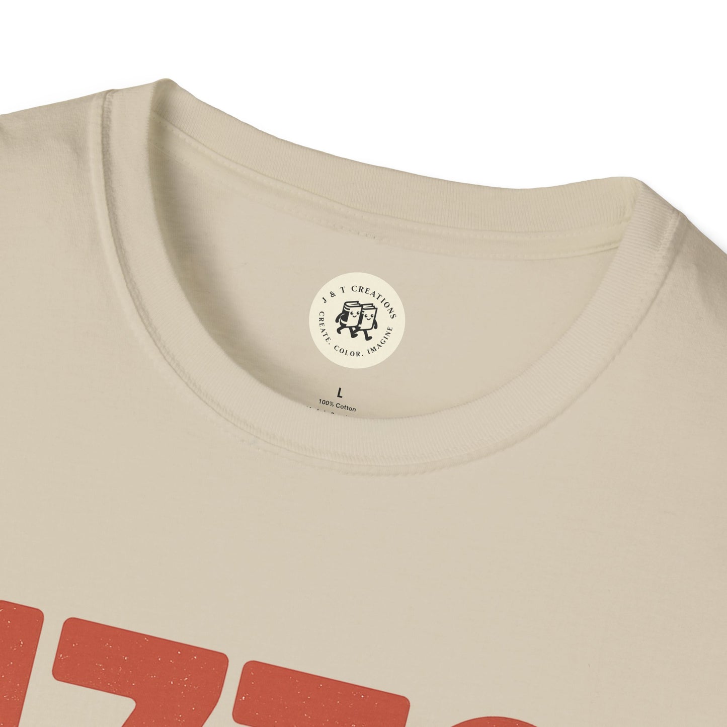 Printify beige patriotic 4th of July shirt showing close-up of round neckline and fabric texture