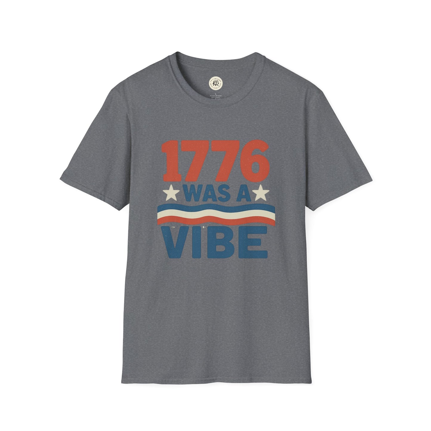 Patriotic 4th of July shirt with 1776 was a vibe text in red, white, and blue on gray t-shirt