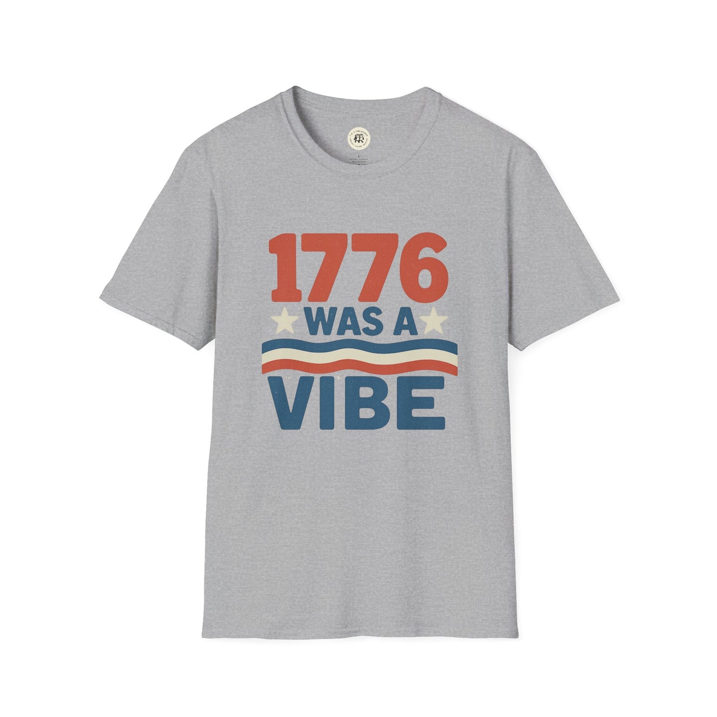 Grey Printify T-shirt with 1776 Was A Vibe text in red, white, and blue patriotic 4th of July shirt