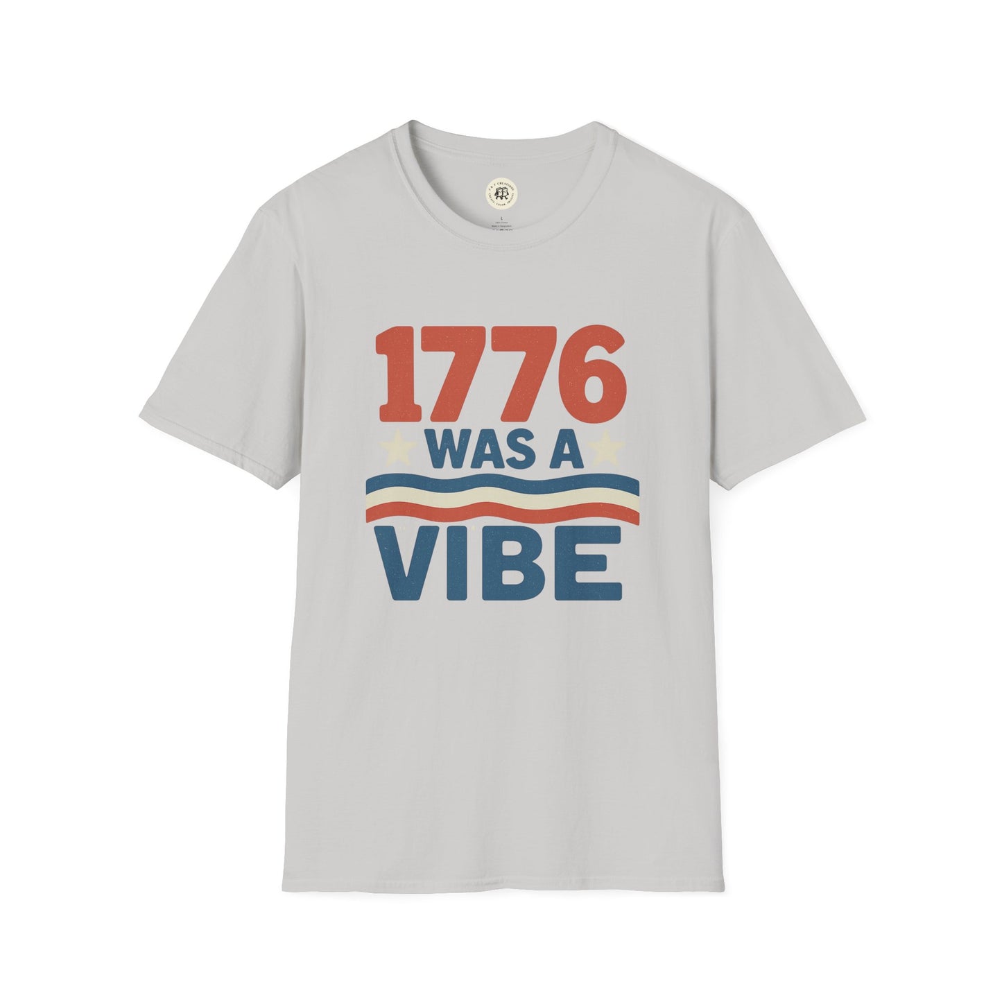 Printify patriotic 4th of July shirt with 1776 was a vibe text and red white blue design on light gray t-shirt