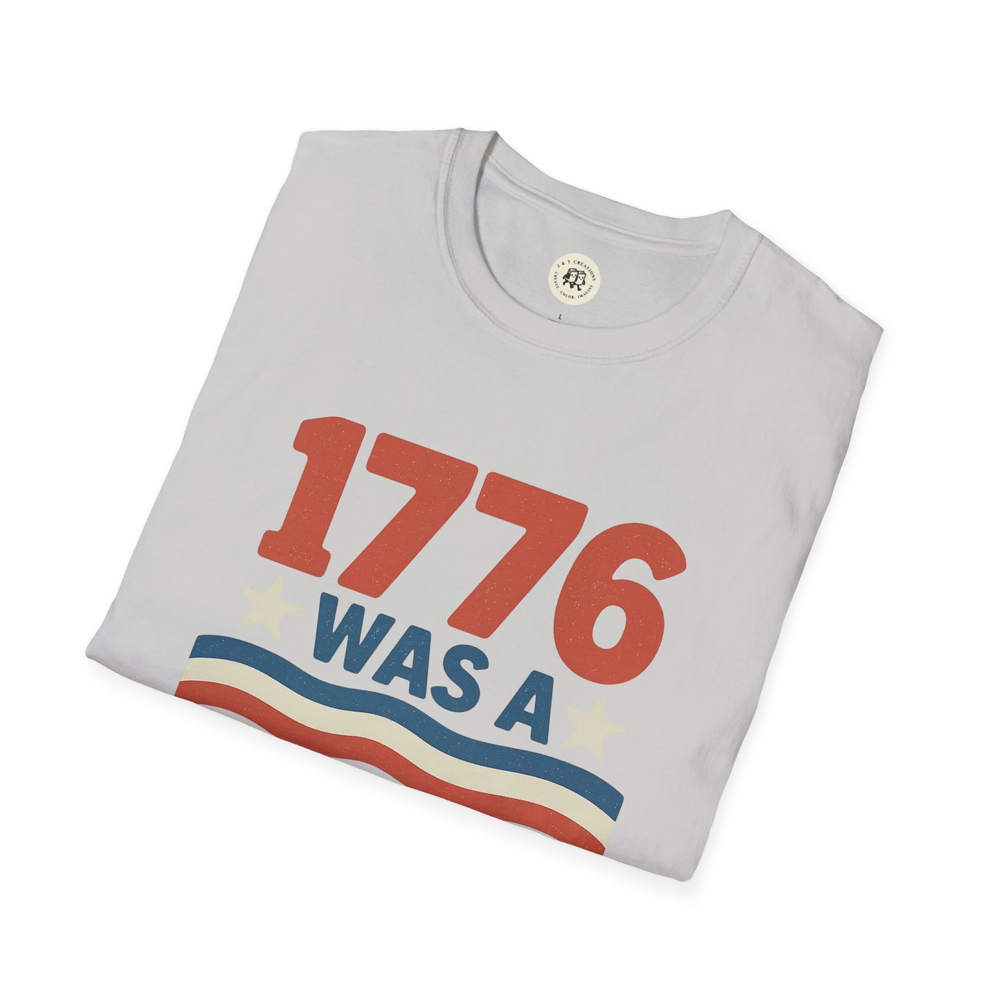 Folded white T-shirt with 1776 was a patriotic 4th of July shirt design in red, blue, and cream colors