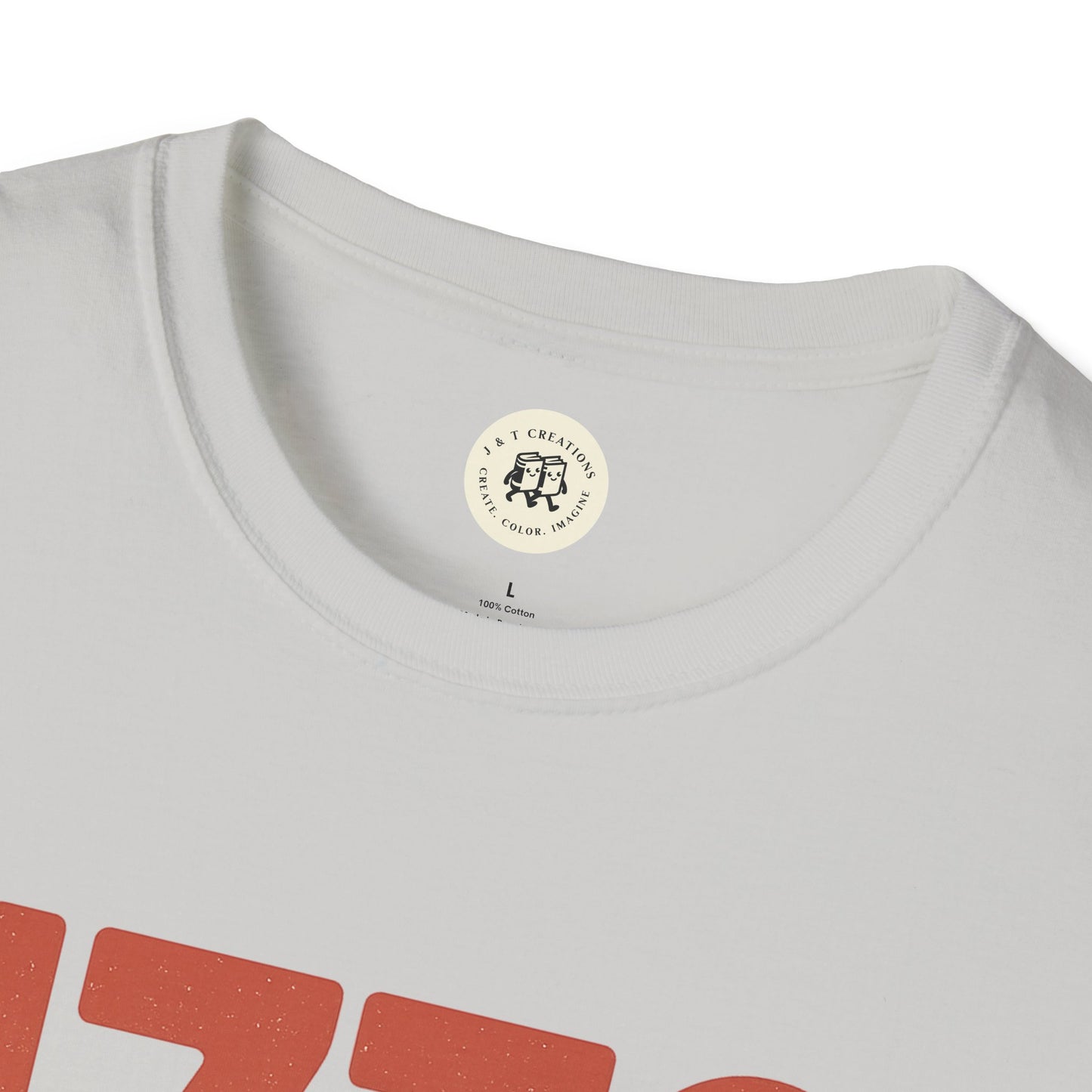 Close-up of white Printify patriotic 4th of July shirt with red graphic design and round neckline