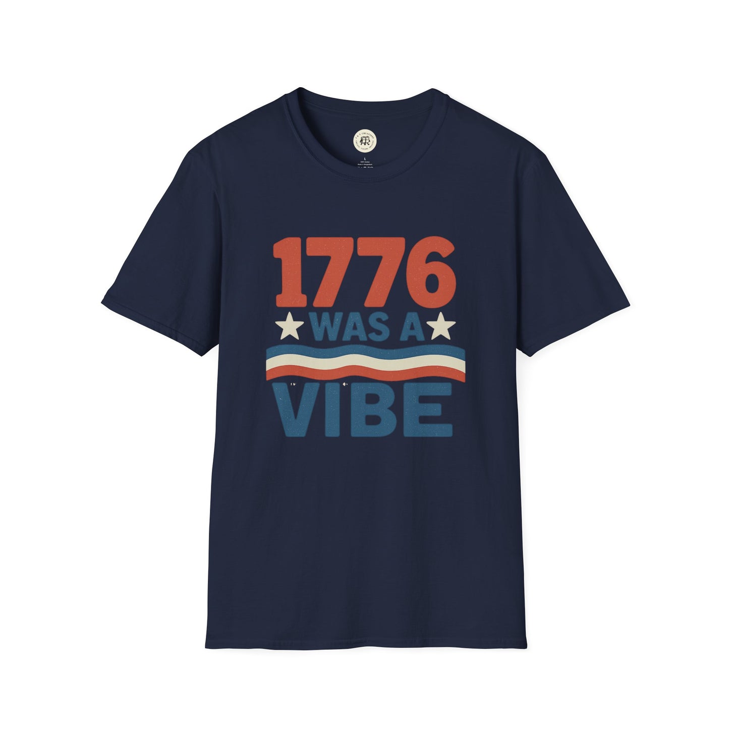 Printify navy blue patriotic 4th of July shirt with 1776 was a vibe graphic and stars