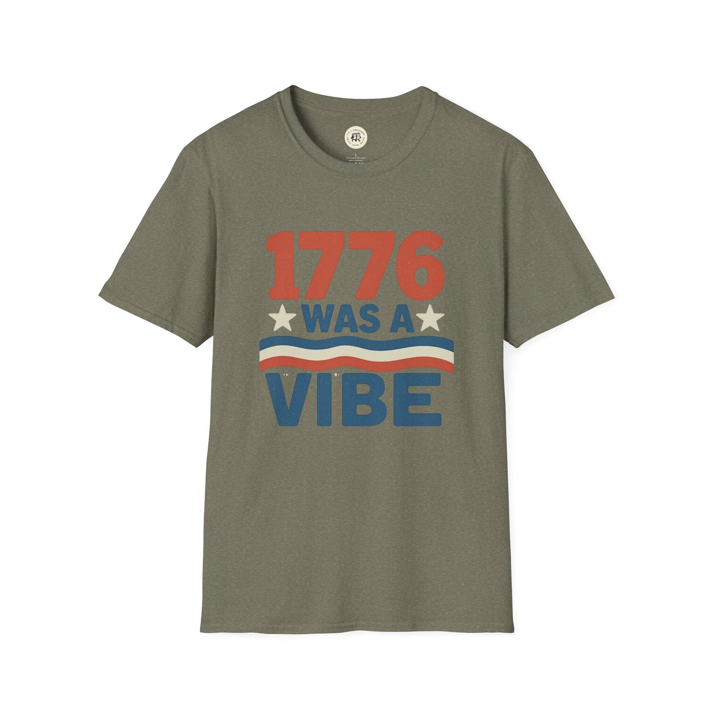 Printify patriotic 4th of July shirt with 1776 was a vibe text and stars on olive green tee