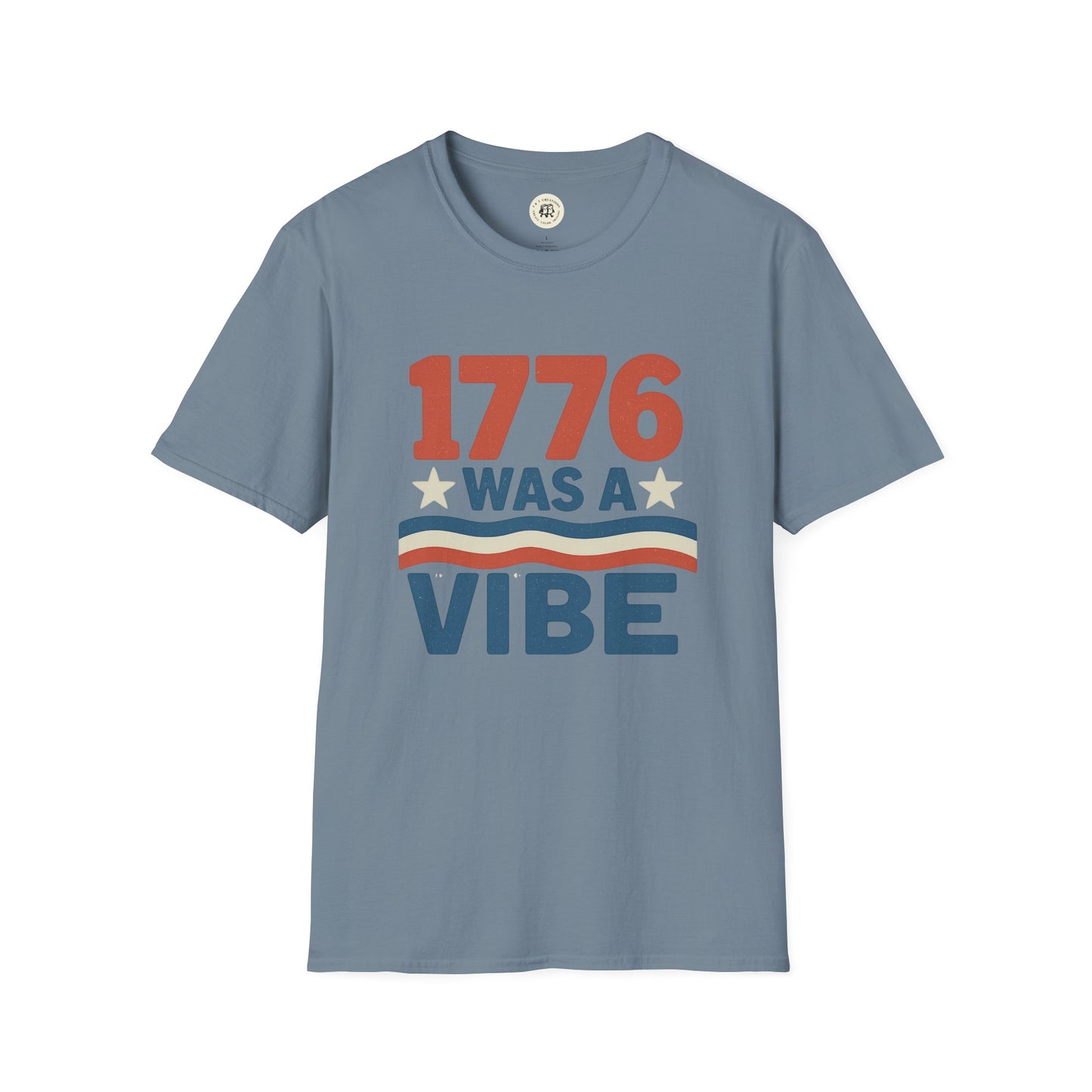 Printify patriotic 4th of July shirt with 1776 was a vibe text and stars on blue background