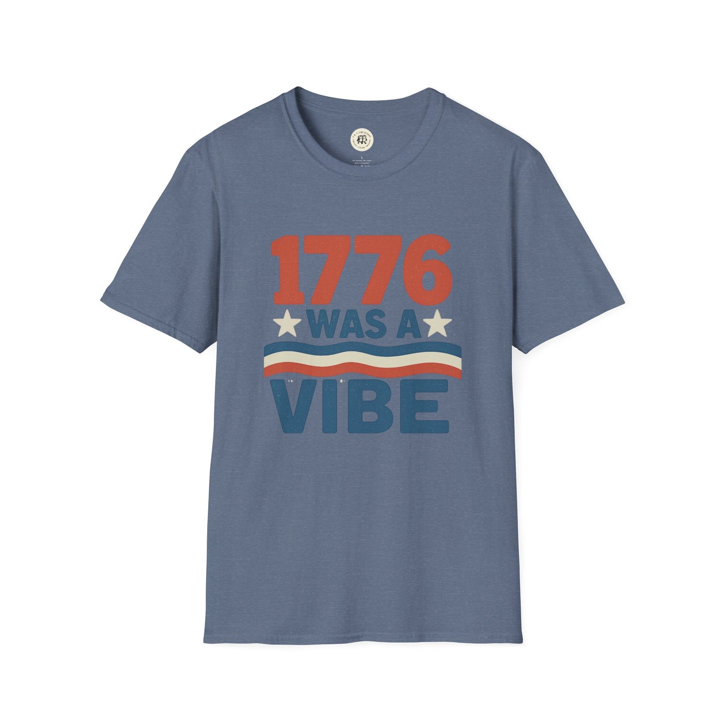 Printify patriotic 4th of July shirt with 1776 was a vibe text in red white and blue on blue t-shirt