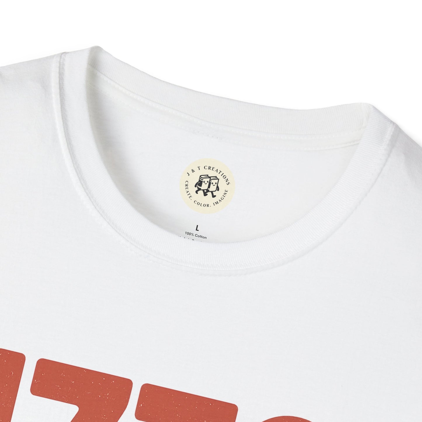 White patriotic 4th of July shirt from Printify with close-up of the neckline and tag