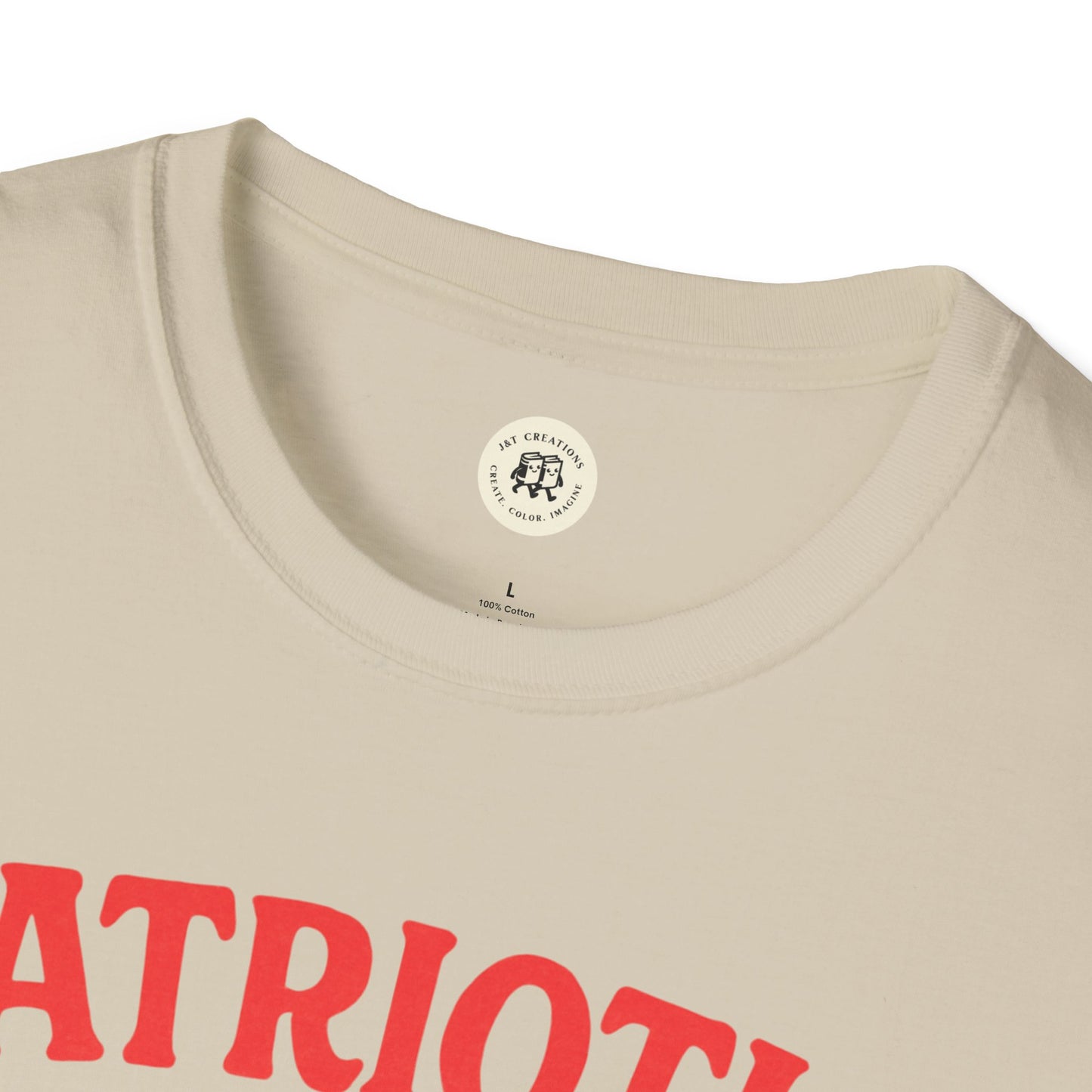 Close-up of a beige Printify Patriotic Ben Franklin t-shirt collar and red printed text