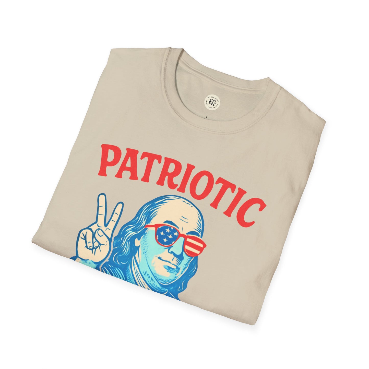 Printify beige Patriotic Ben Franklin t-shirt with graphic of Ben Franklin wearing American flag sunglasses