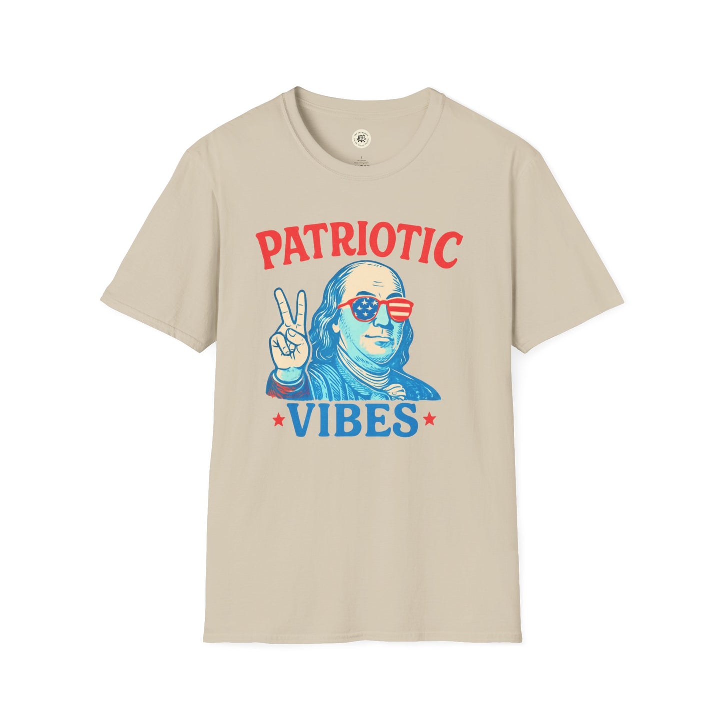 Printify Patriotic Ben Franklin t-shirt with red and blue graphic and vintage style design
