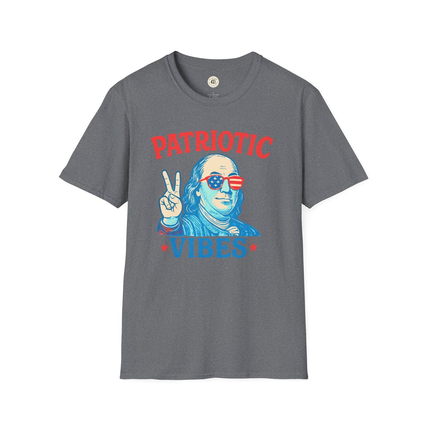 Gray Patriotic Ben Franklin t-shirt with graphic of Ben Franklin wearing American flag sunglasses and peace sign